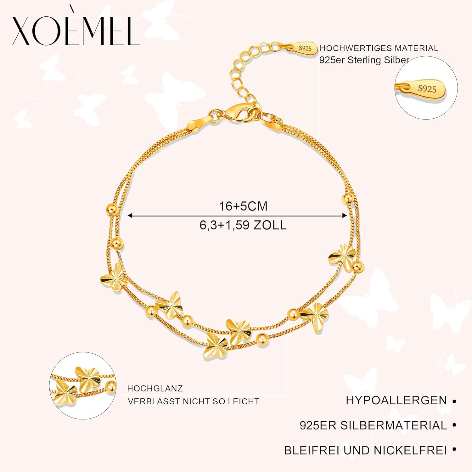 Thumbnail 2 de XOEMEL Bracelet en argent 925 pour femme – motif papillons, doré rose et perles, réglable 43 cm