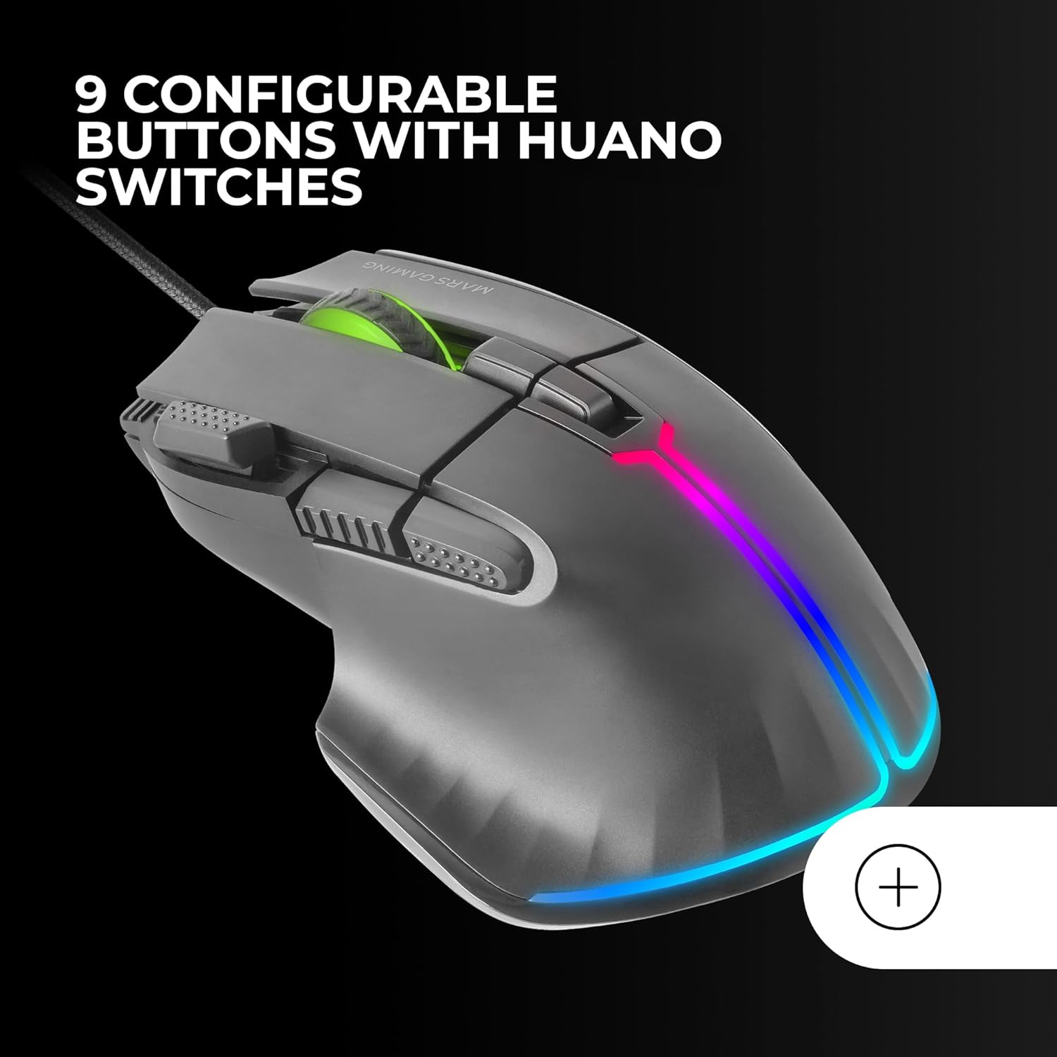 Detalle 2 de Mars Gaming MM-XT: Mouse da gaming RGB ergonómico con 9 pulsanti configurabili e sensore 12800 DPI