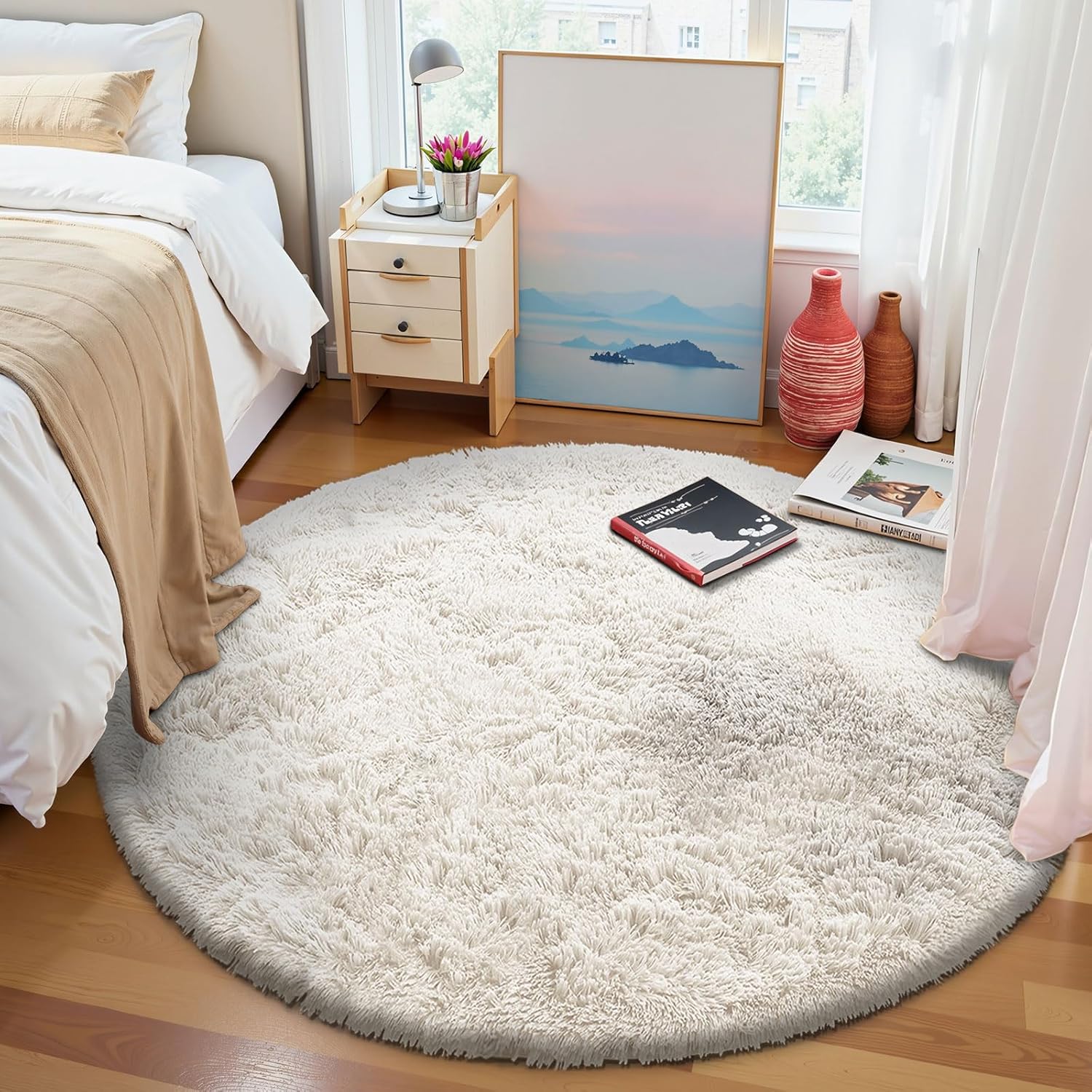Thumbnail 4 de Homaxy Hochflor Flauschig Teppich mit Anti-Rutsch-Unterseite, waschbar – 120 cm rund, Creme