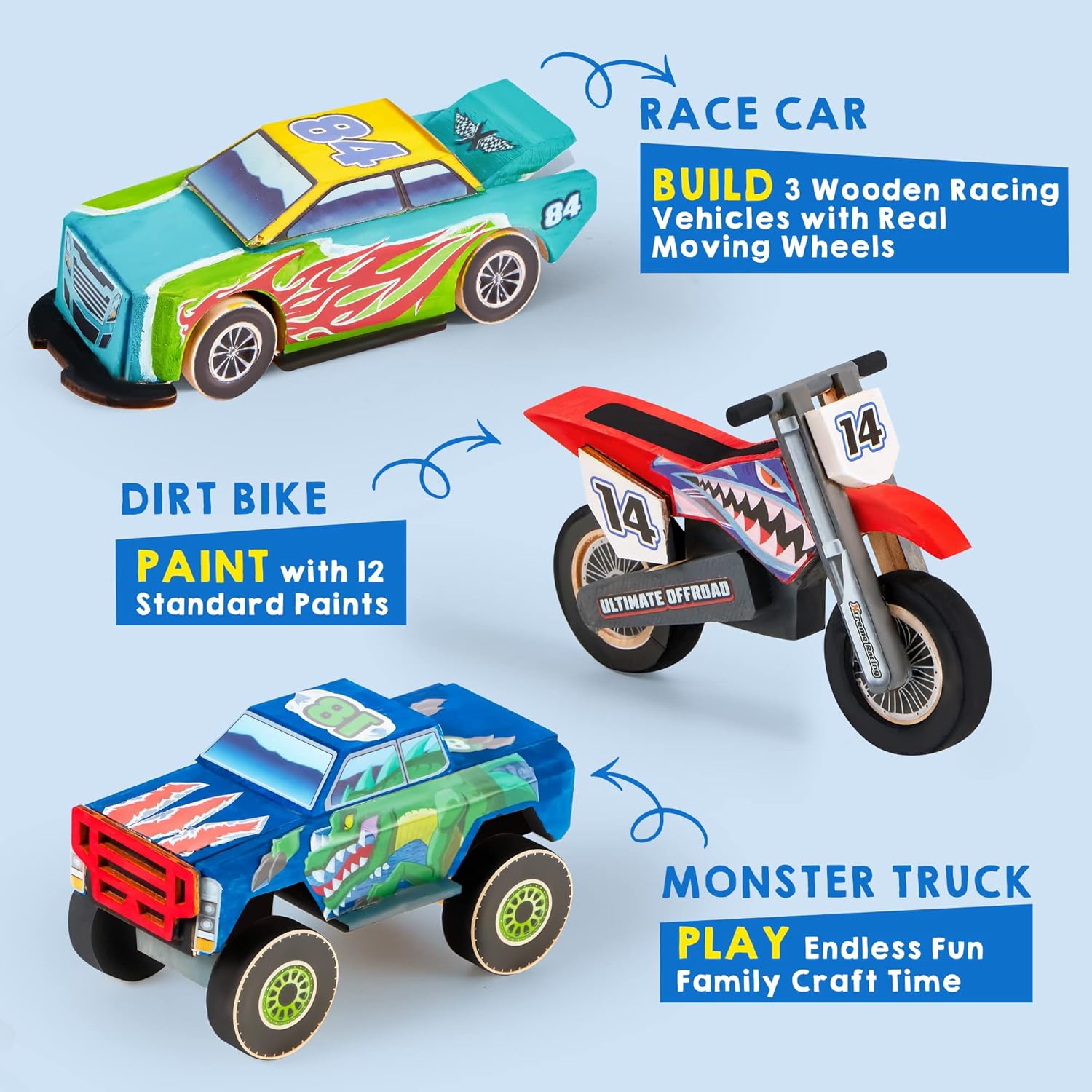 Detalle 2 de Klever Kits Craft Kit: build & paint your own wooden race car (144-piece set)
