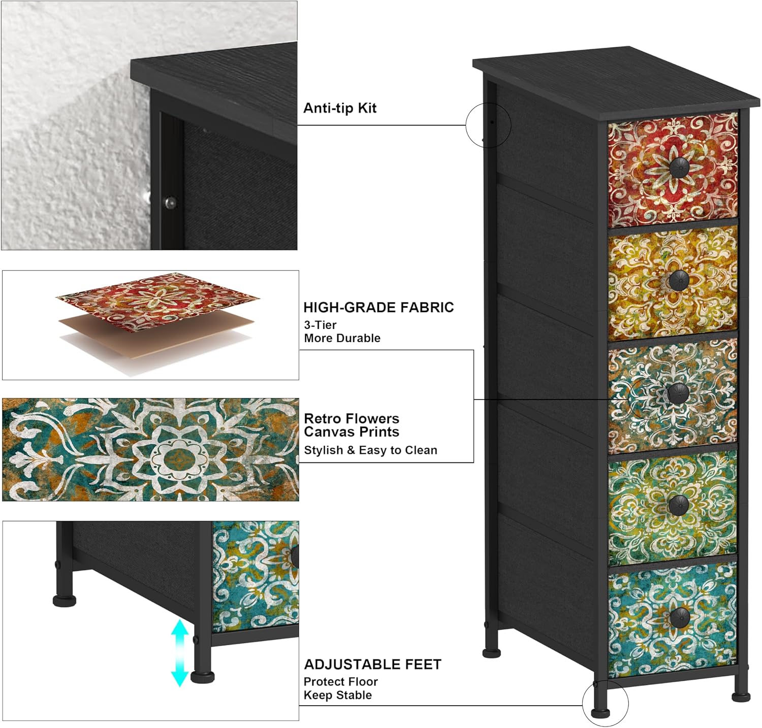 Thumbnail 5 de Welfuturer Kommode Schmaler Schrank mit 5 Stoffschubladen – platzsparende Aufbewahrung