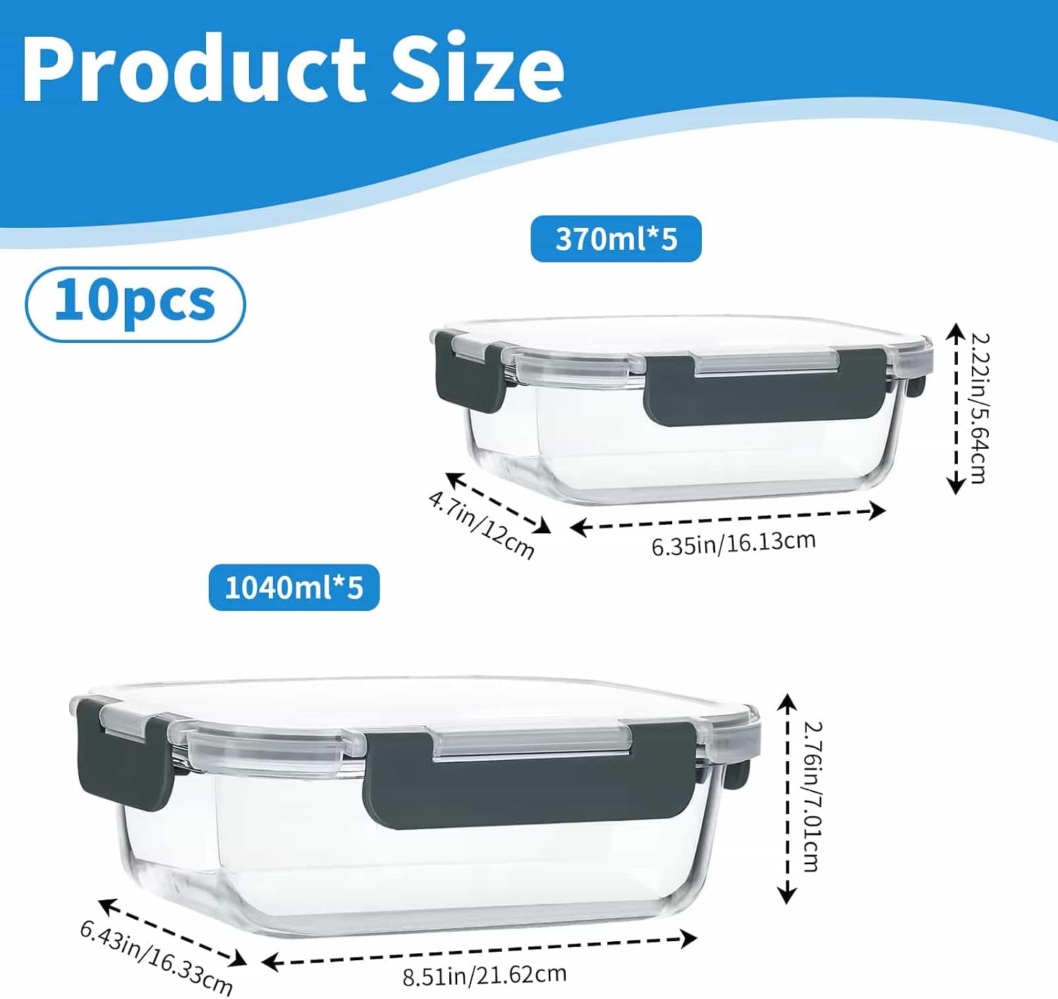 Detalle 2 de Eidoct Glass Containers with Lids 1050ml/370ml 10 Pack