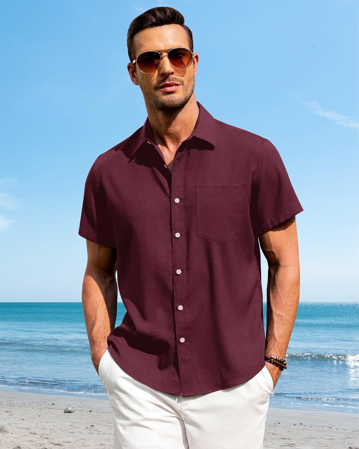 Detalle de J.VER Leinenhemd Herren Kurzarm – Freizeithemd Regular Fit, atmungsaktiv und leicht