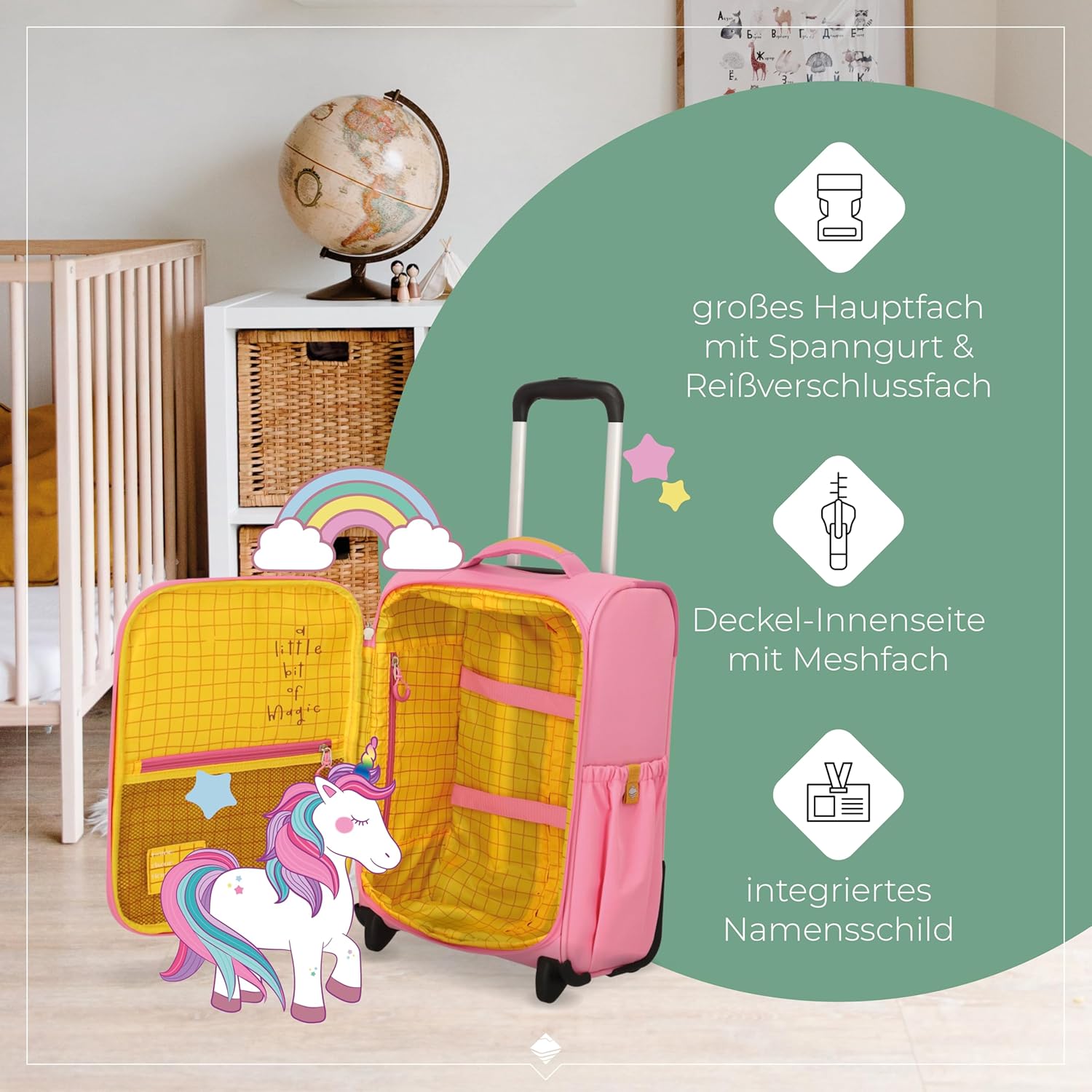 Detalle de travelite MINIMOVER Kinderkoffer mit 2 Rollen (Handgepäck) – 44 cm, 1,9 kg, recyceltes Polyester