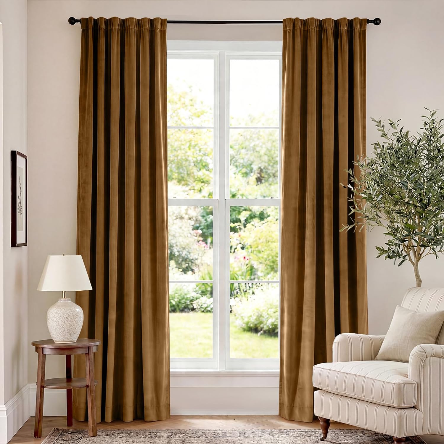 Detalle de Lazzzy Velvet Curtains, Gold Brown Blackout Drapes, 2 Panels, 52 x 84 in