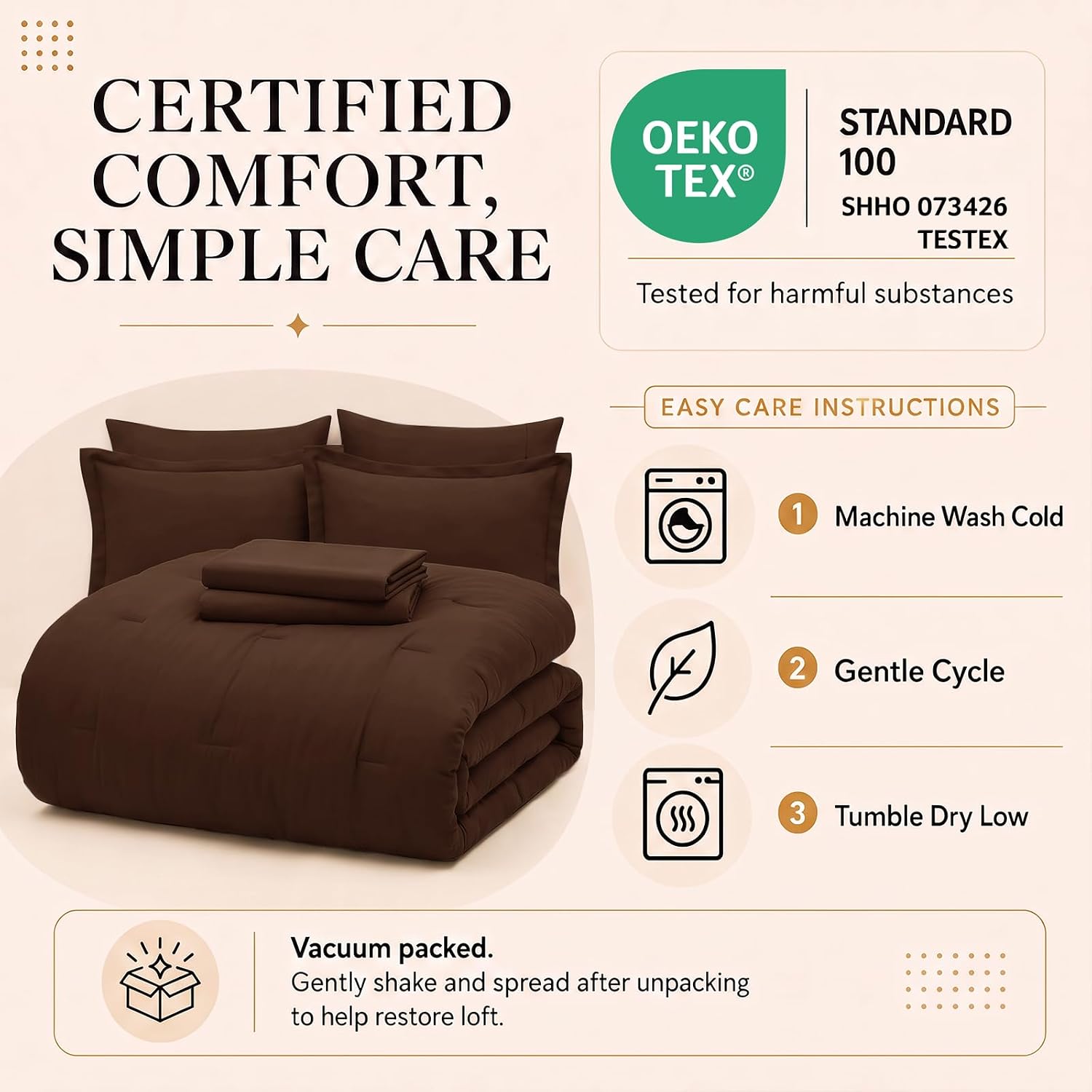 Detalle 2 de CozyLux Queen Comforter Set, 7-Piece Brown Bed-in-a-Bag, 240 GSM Microfiber
