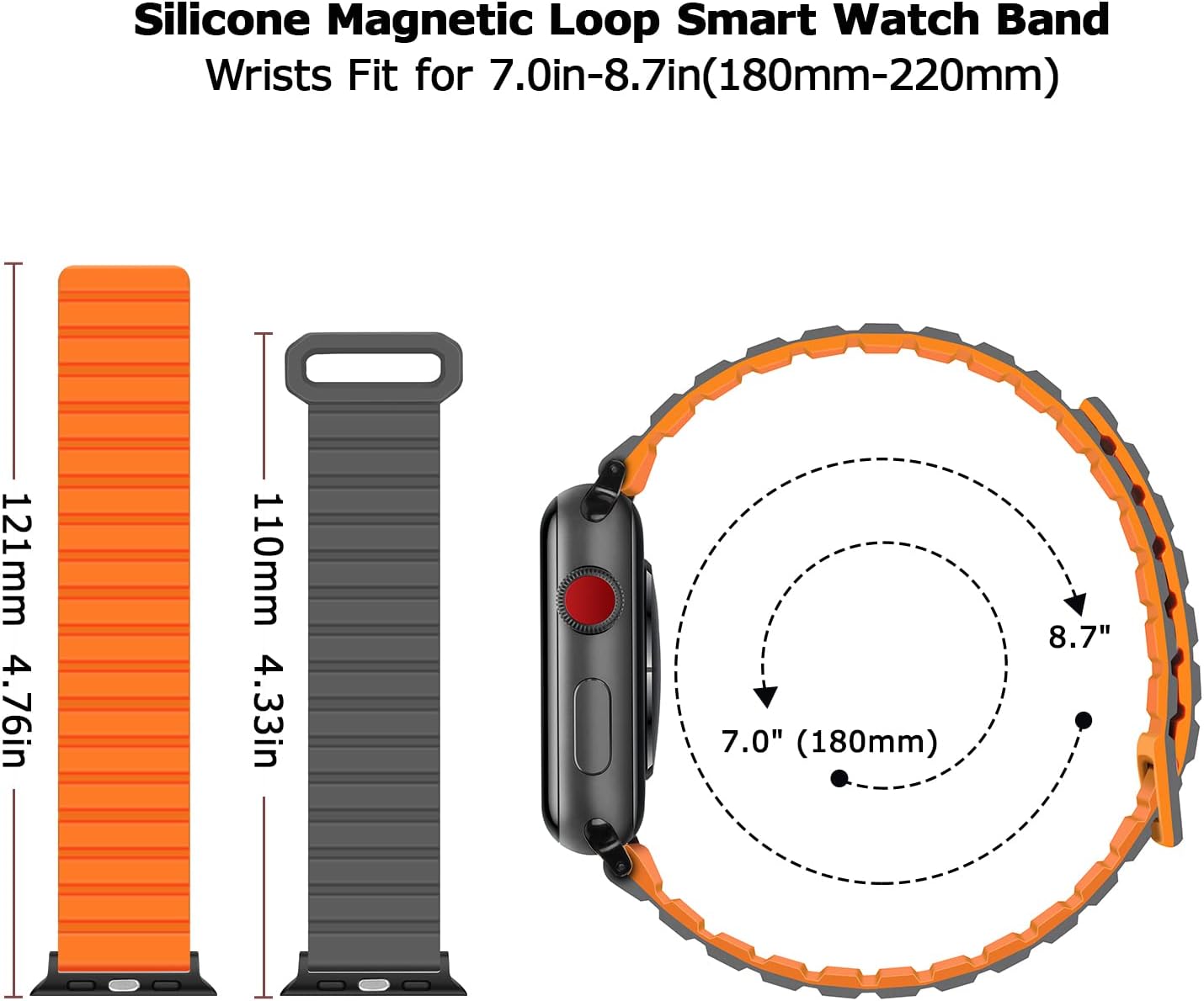 Detalle de Tasikar Silicone Magnetic Loop Strap for Apple Watch 42mm – Grey/Orange (Series 10)