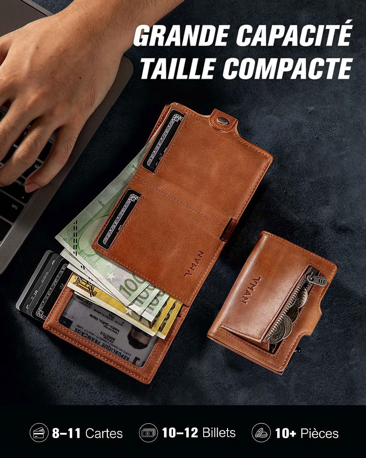 Thumbnail 2 de VMAN Portefeuille Homme – Slim en Cuir Pleine Fleur avec Poche à Monnaie et Protection RFID