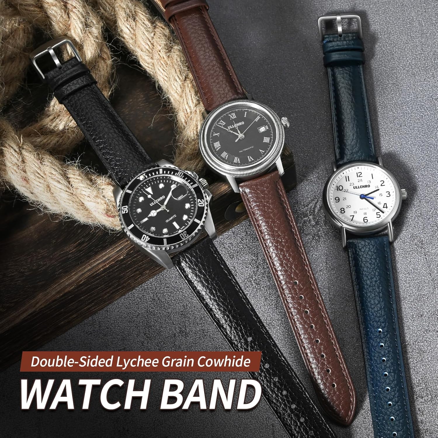 Thumbnail 1 de Uhrenarmband Herren aus echtem Leder (Vintage) mit Quick-Release, 20 mm, schwarz