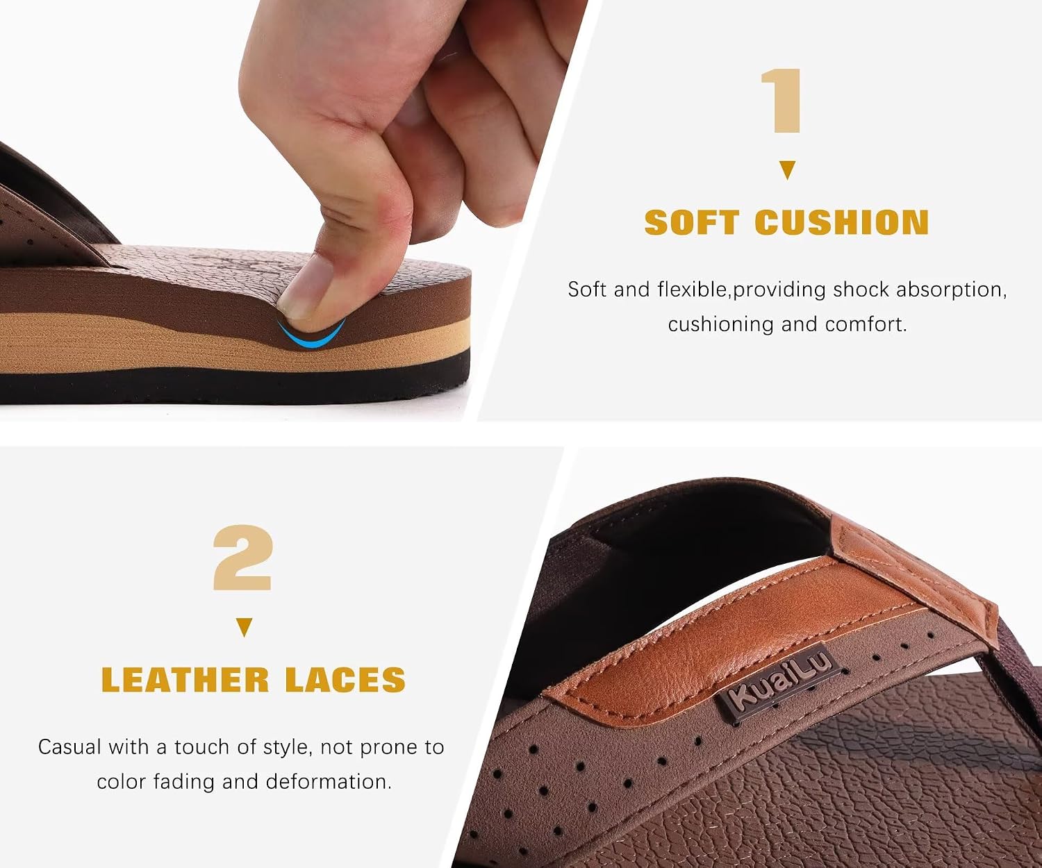 Detalle de KuaiLu men’s flip flops with arch support, faux leather straps and cushioned yoga-foam footbed