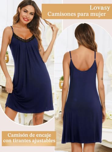 Detalle de Lovasy Camisón de Mujer Verano con Encaje en V, Tirantes Ajustables y Modal Suave – Azul Marino, talla L