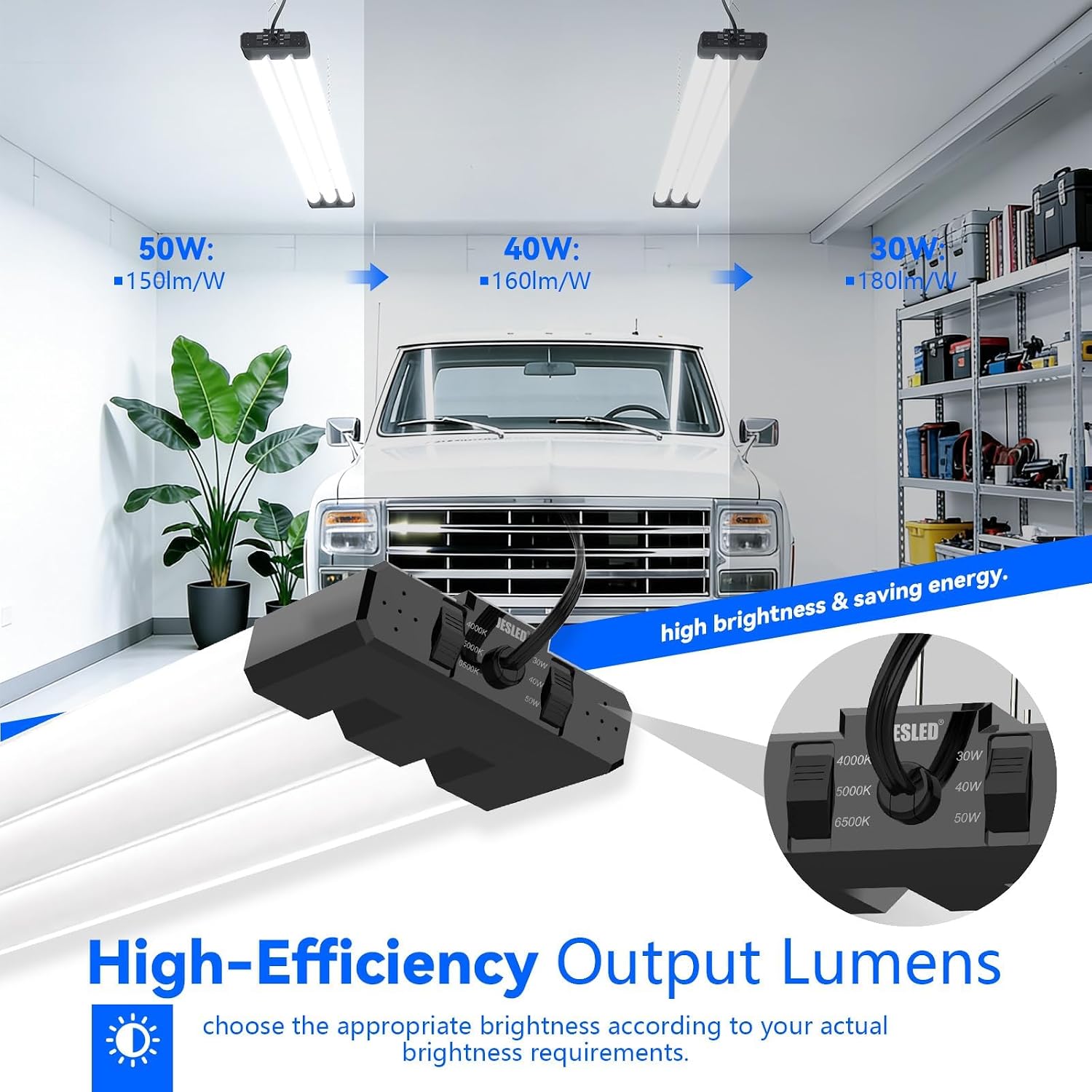 Detalle de JESLED 4FT LED Shop Light, 30W–50W Selectable, 3CCT, 7,500 lm