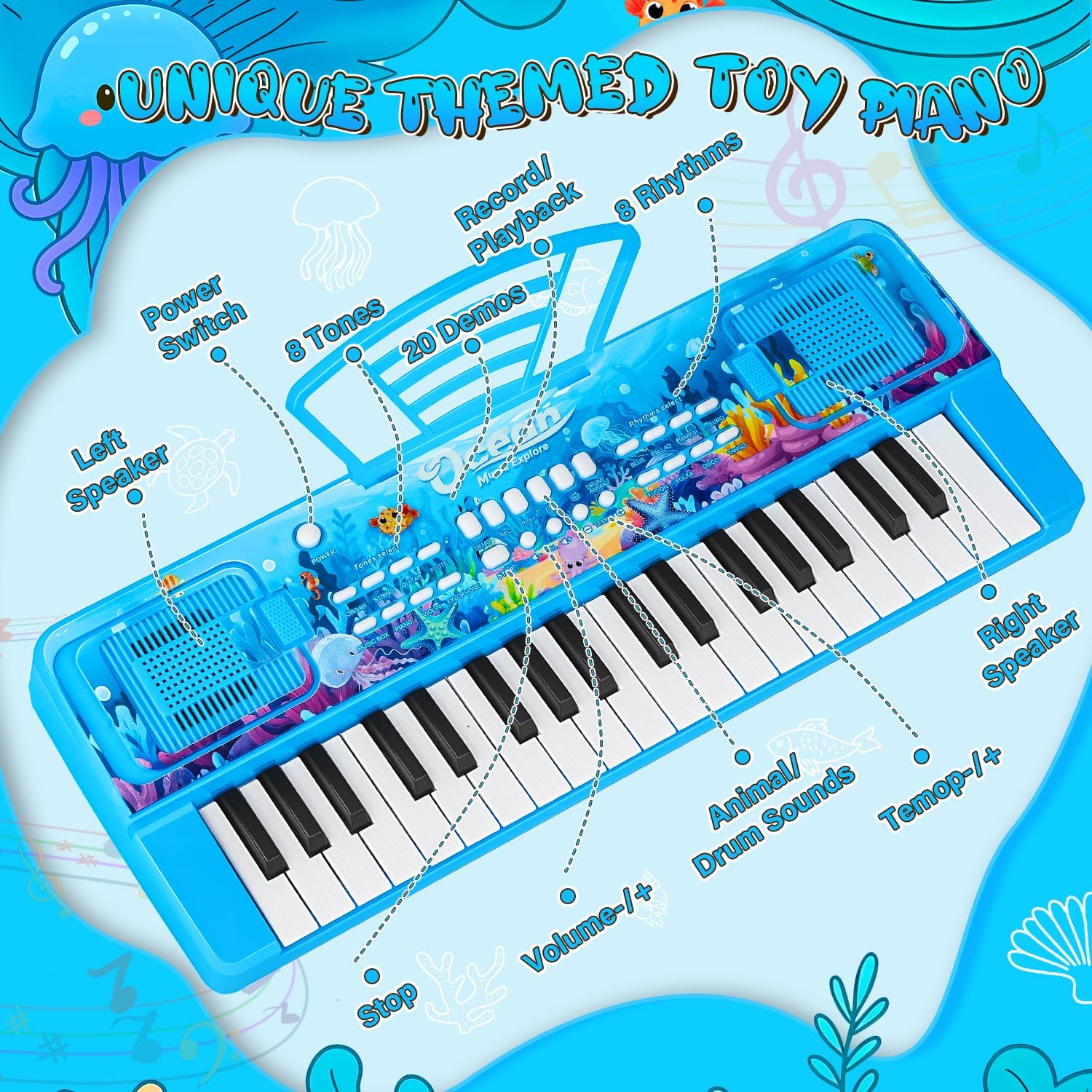Thumbnail 1 de 37 Key Upgrade Kids Piano Keyboard with Microphone (Ocean Blue) – Portable Electronic Toy for Ages 3–5 and up