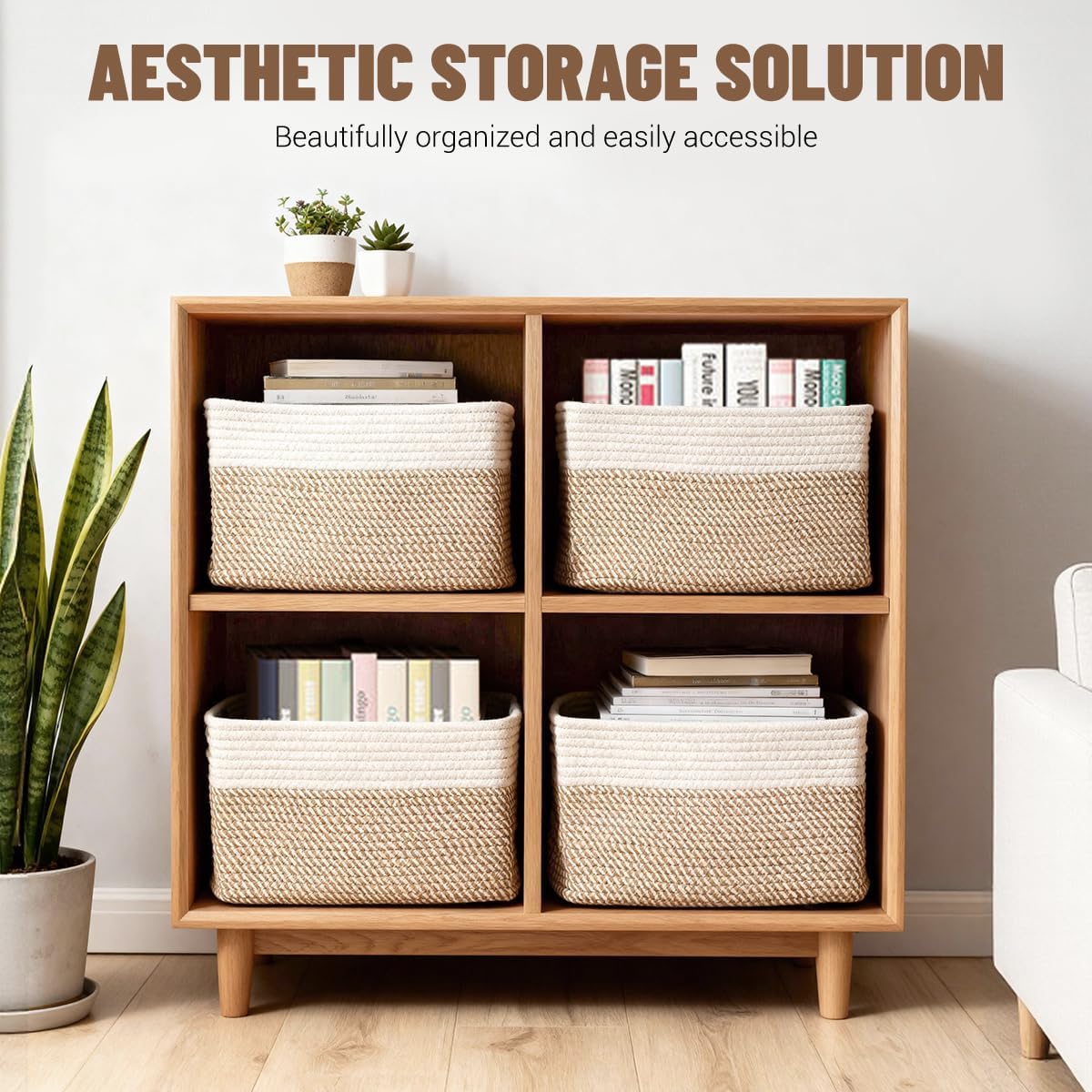 Detalle de Yilobi 5-Pack Woven Cotton Rope Storage Baskets (Khaki & White) for Shelves