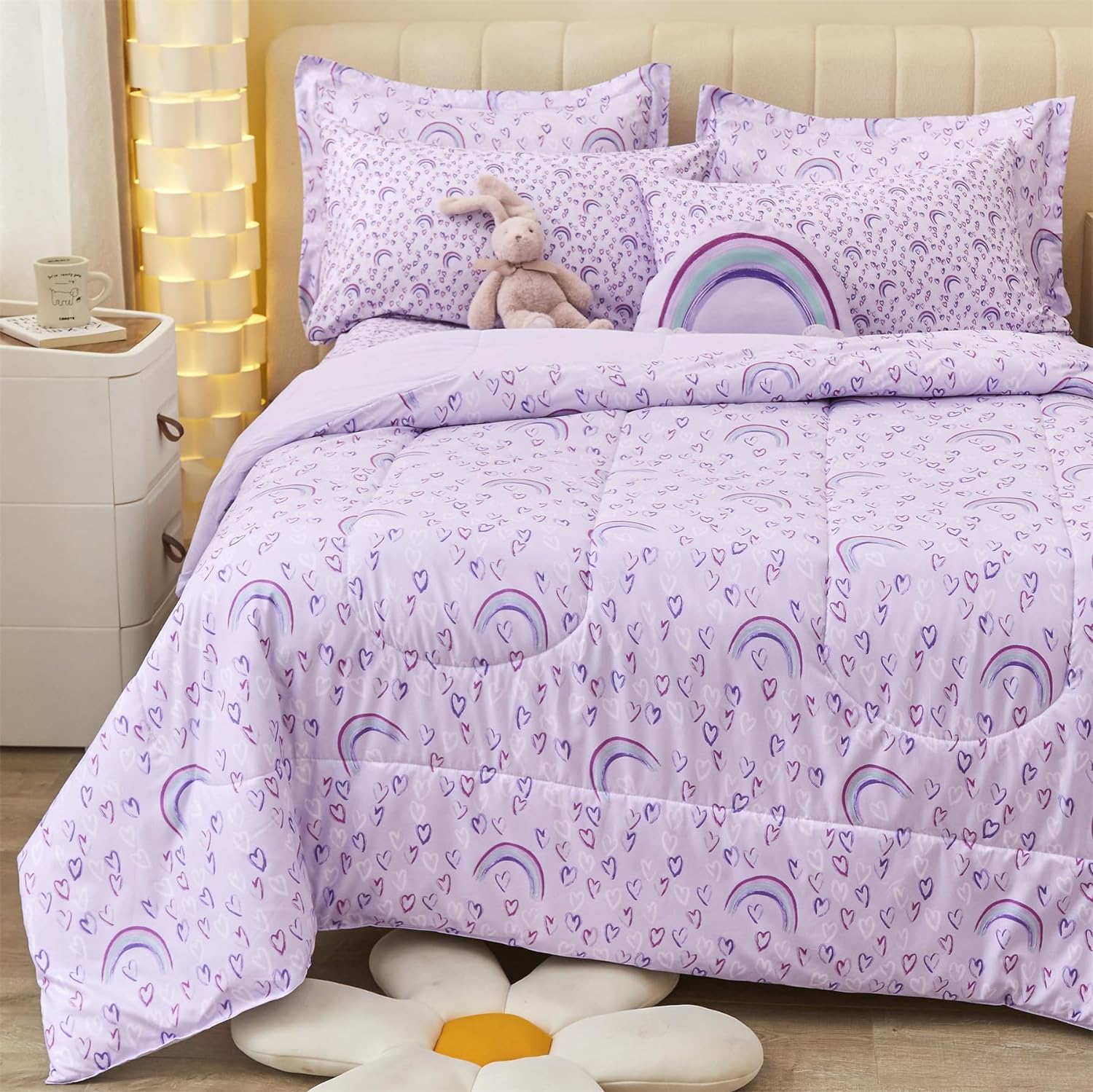 Detalle de Mooreeke Full Size 8-Piece Kids’ Comforter Set, Purple Rainbow Microfiber