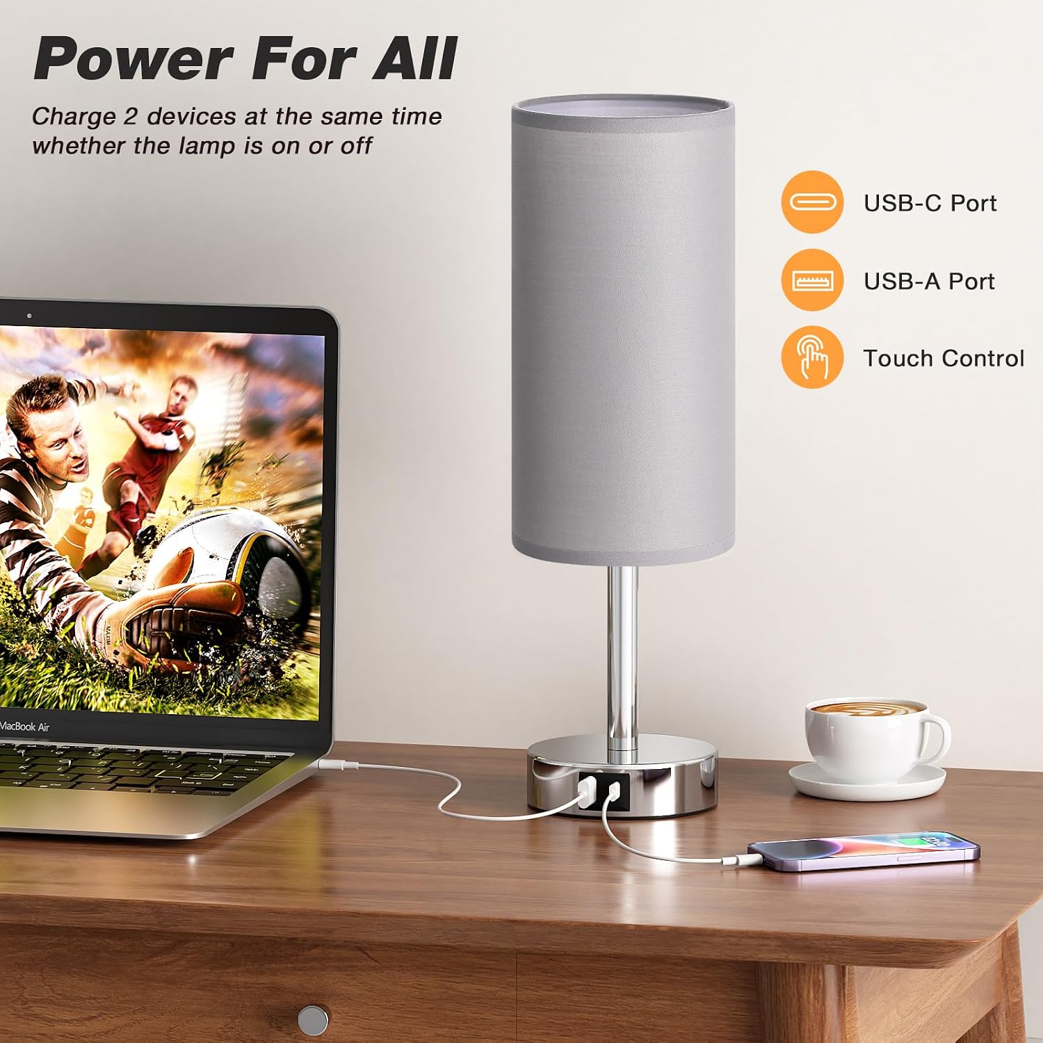 Detalle 2 de Aooshine Bedside Lamp 2 USB, 3‑way touch control 🛋