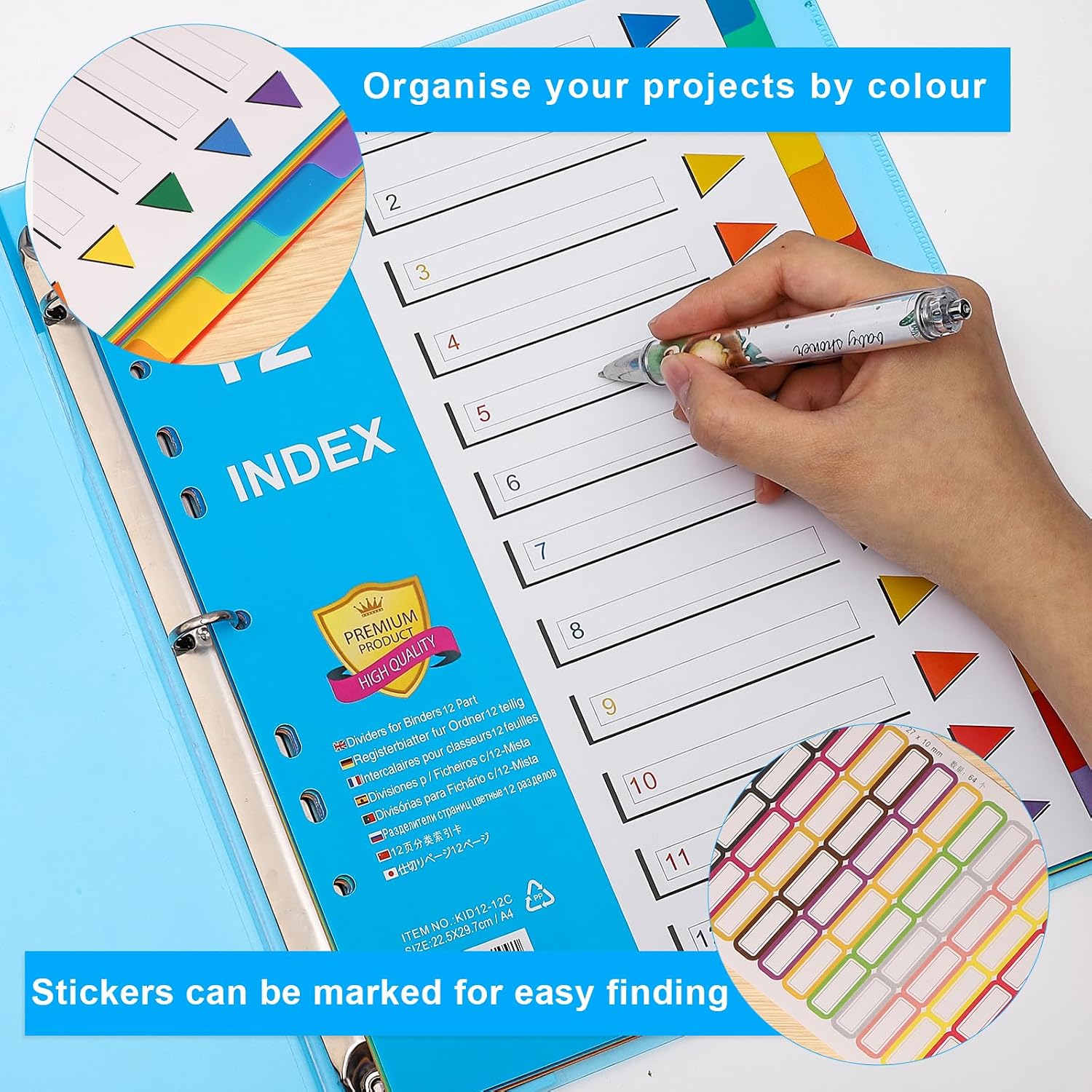 Detalle 2 de A4 File Dividers 10-Pack (12-Part) Coloured Plastic Dividers with Sticky Notes for Lever Arch Files