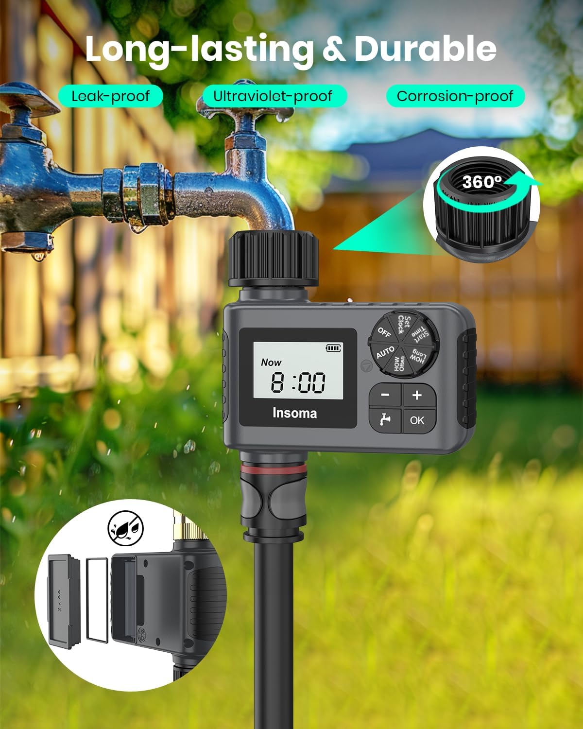 Detalle 2 de Insoma Outdoor Garden Hose Faucet Timer (Programmable) with Rain Delay, Manual & Automatic, 1 Outlet