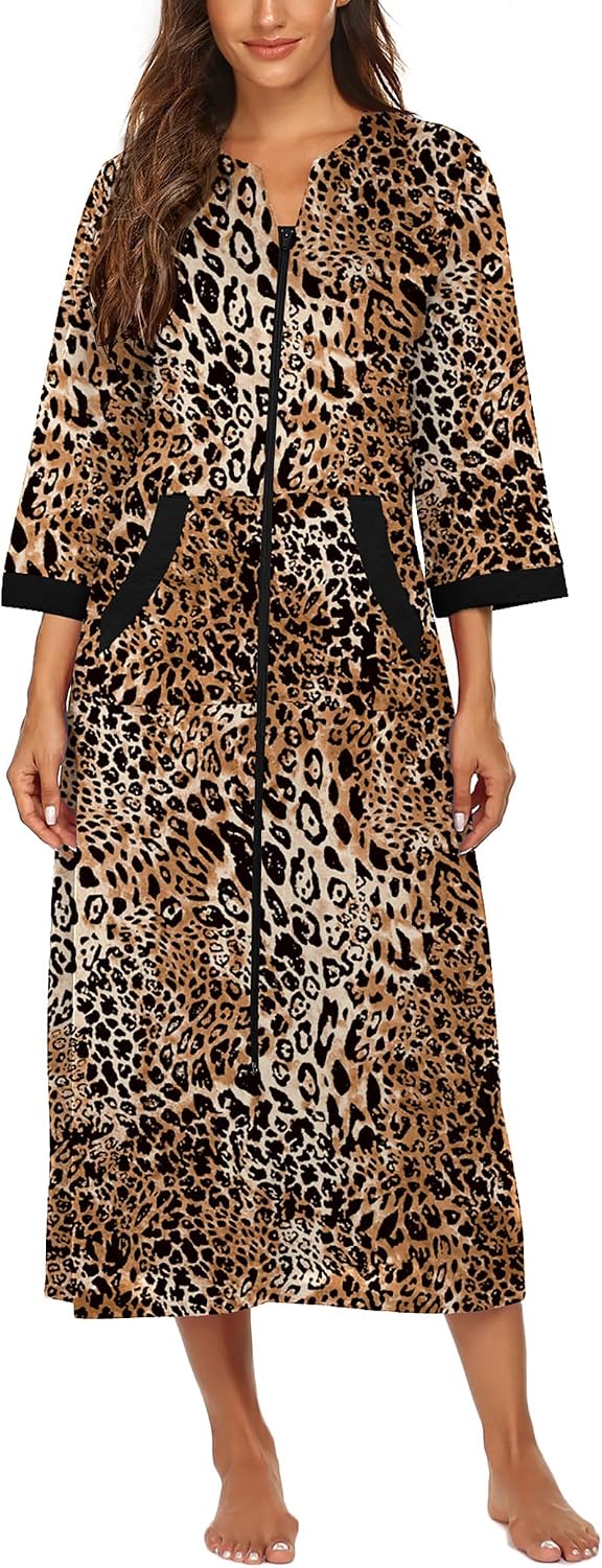 Detalle de Ekouaer Women's Full-Length Zipper Robe with 3/4 Sleeves and Pockets