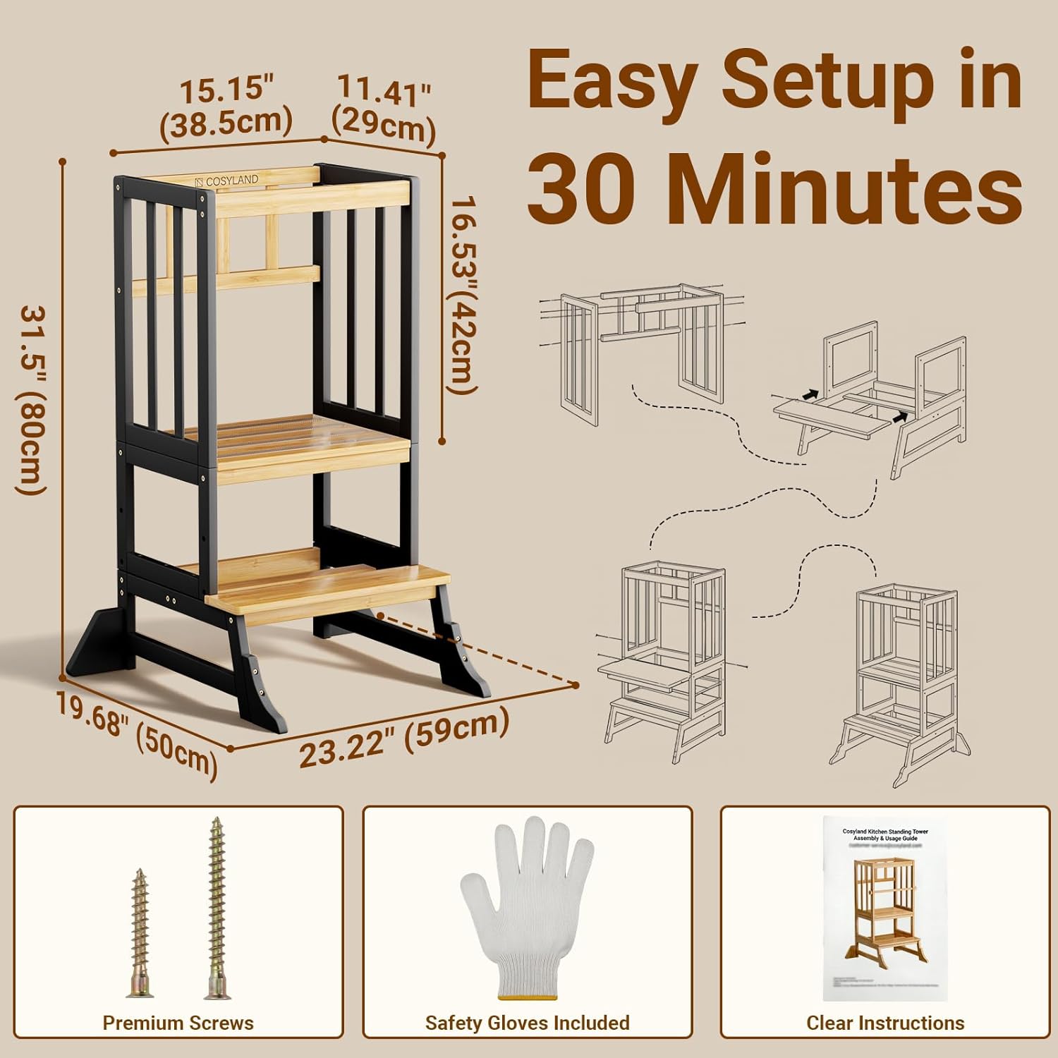 Detalle de COSYLAND Height-Adjustable Toddler Standing Tower – Stable Bamboo Kitchen Stool (Black & Natural)