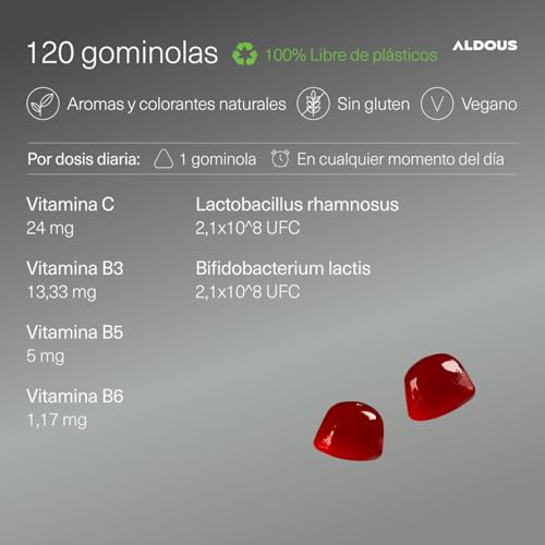 Detalle de 120 Probioticos en Gominolas con Vitamina C - Aldous Bio, sabor mora