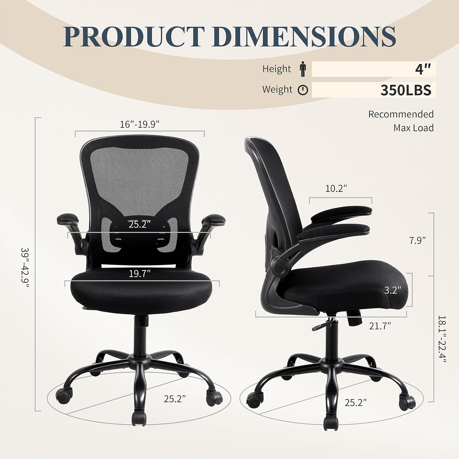 Detalle de Youhauchair YC-5001BK Mesh Office Chair with Lumbar Support and Flip-up Arms