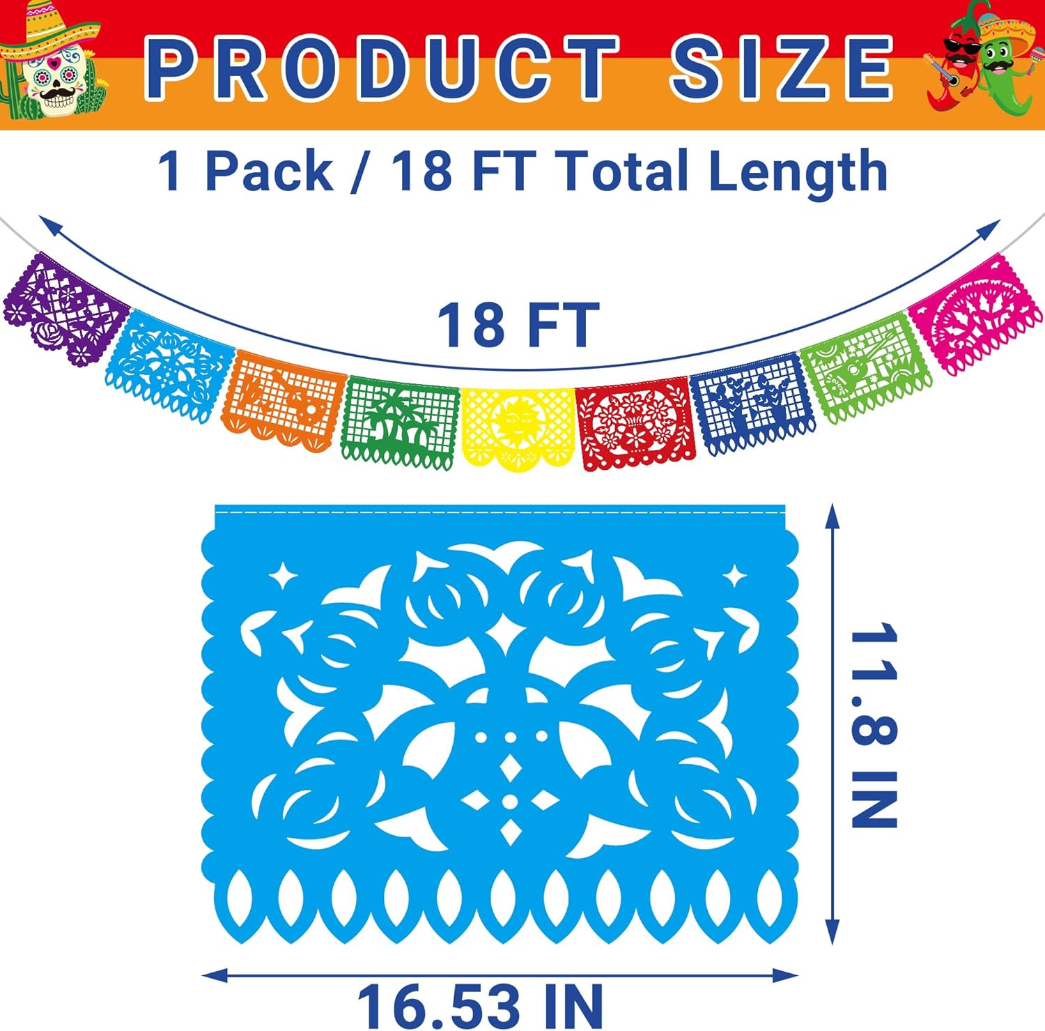 Thumbnail 1 de 18 FT Cinco De Mayo Party Decorations Banner with 9 Plastic Papel Picado Flags
