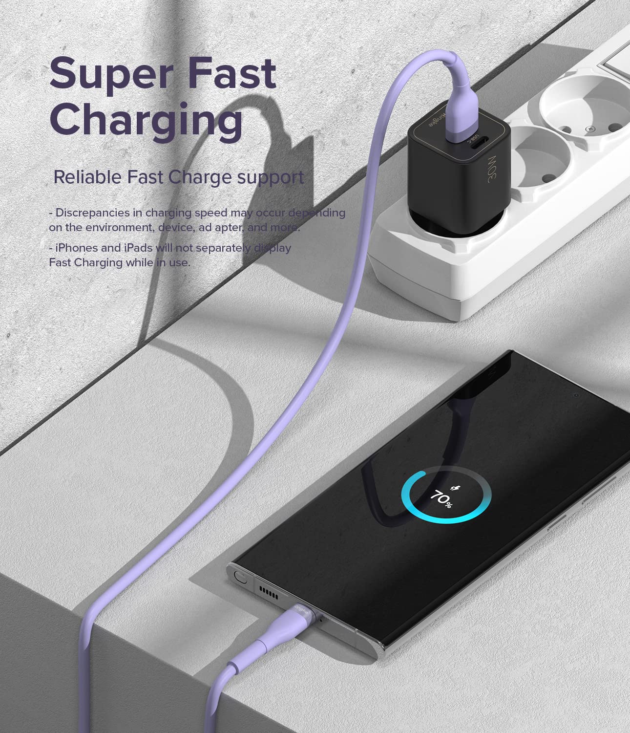 Detalle de Ringke Fast Charging Pastel Cable 2M / 12W – USB C to USB A, Purple