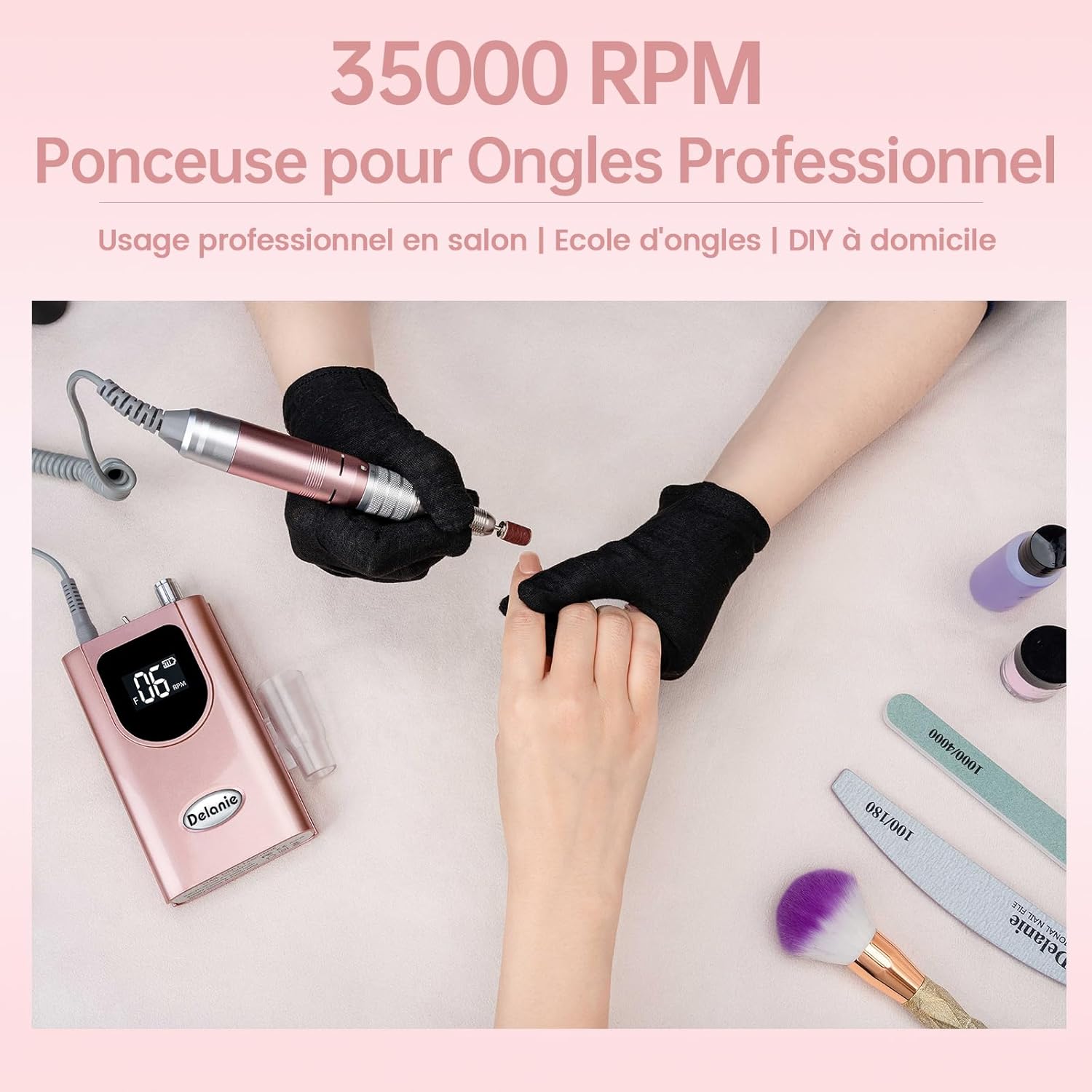 Thumbnail 5 de Delanie Ponceuse pour ongles professionnelle 35 000 tr/min rechargeable avec écran LCD et 6 embouts
