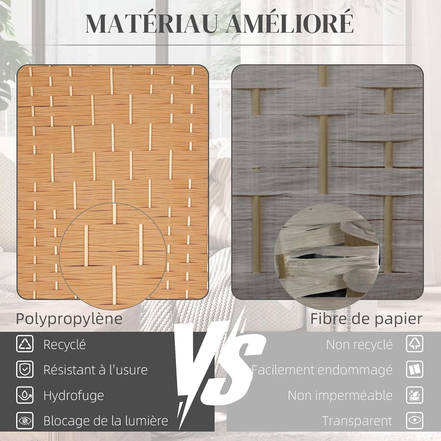 Thumbnail 3 de HOMCOM Paravent intérieur en Bois, 4 Panneaux – 180 x 180 cm, pliable, brun clair