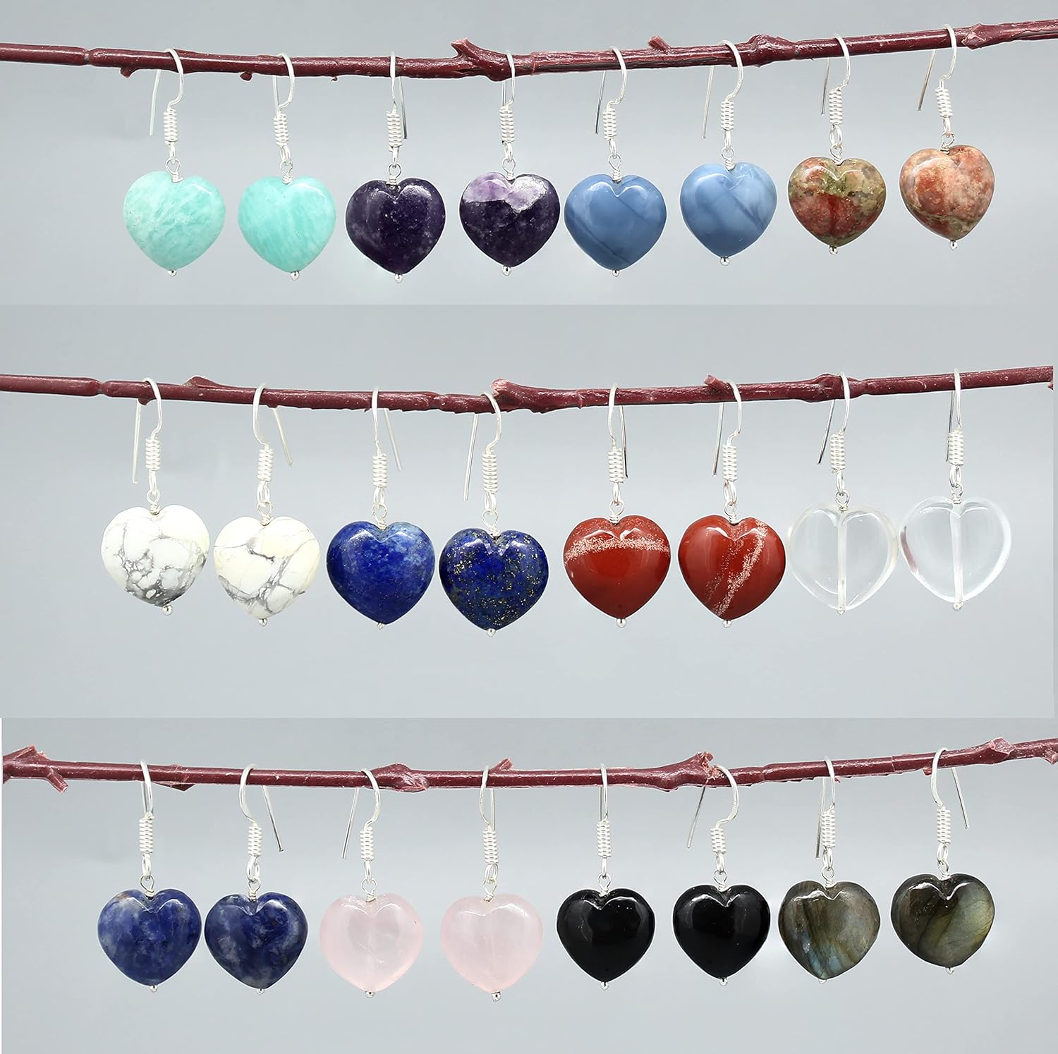 Detalle de Gempires Natural Howlite Heart Drop Earrings – Silver Plated, 15 mm Heart Gemstones