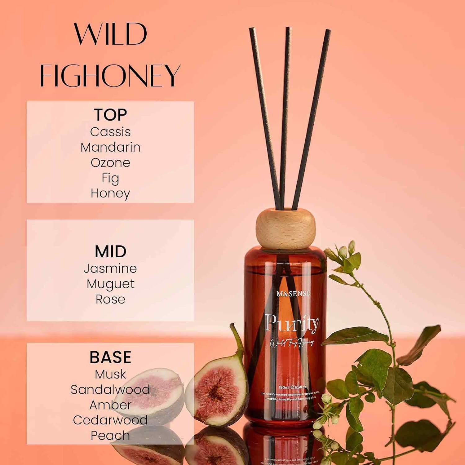 Detalle de M&SENSE MSRD0413 WildFigHoney Reed Diffuser, 180 mL, 7 Sticks