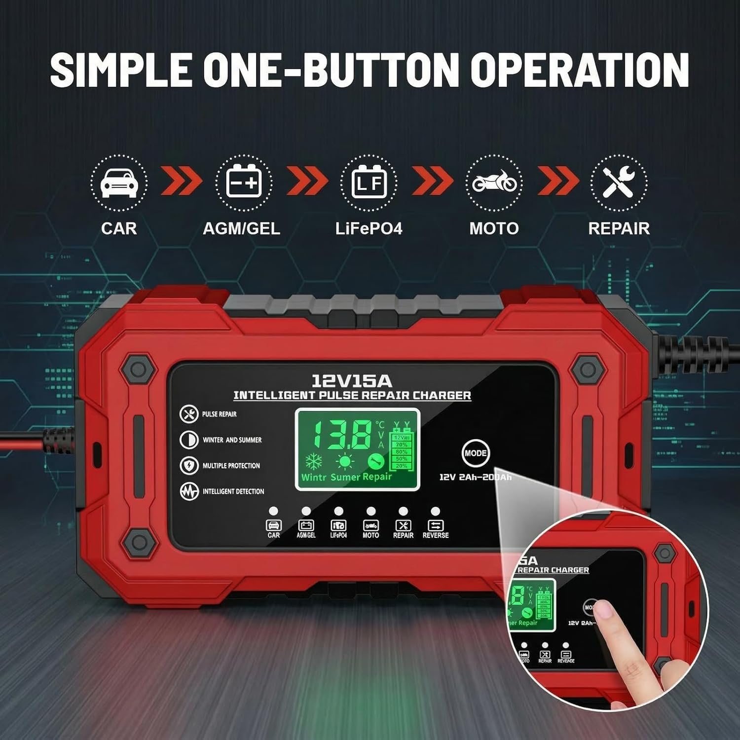 Thumbnail 4 de YDBAO Battery Charger 15A 12V – Fully Automatic Smart Trickle Charger with LCD Display and Temperature Compensation