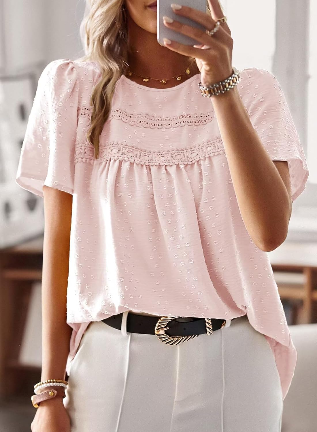 Thumbnail 3 de TUUHAW Damen Boho-Bluse mit Rundhalsausschnitt, Häkelspitze und kurzem Arm