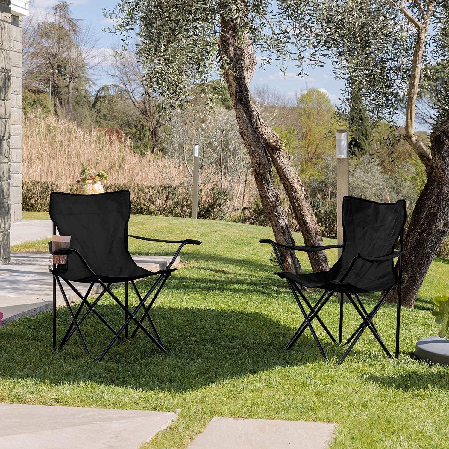 Detalle de Baroni Home Sedia Campeggio Pieghevole da Esterno: Seduta leggera e robusta, con porta bevande, set da 2 nera