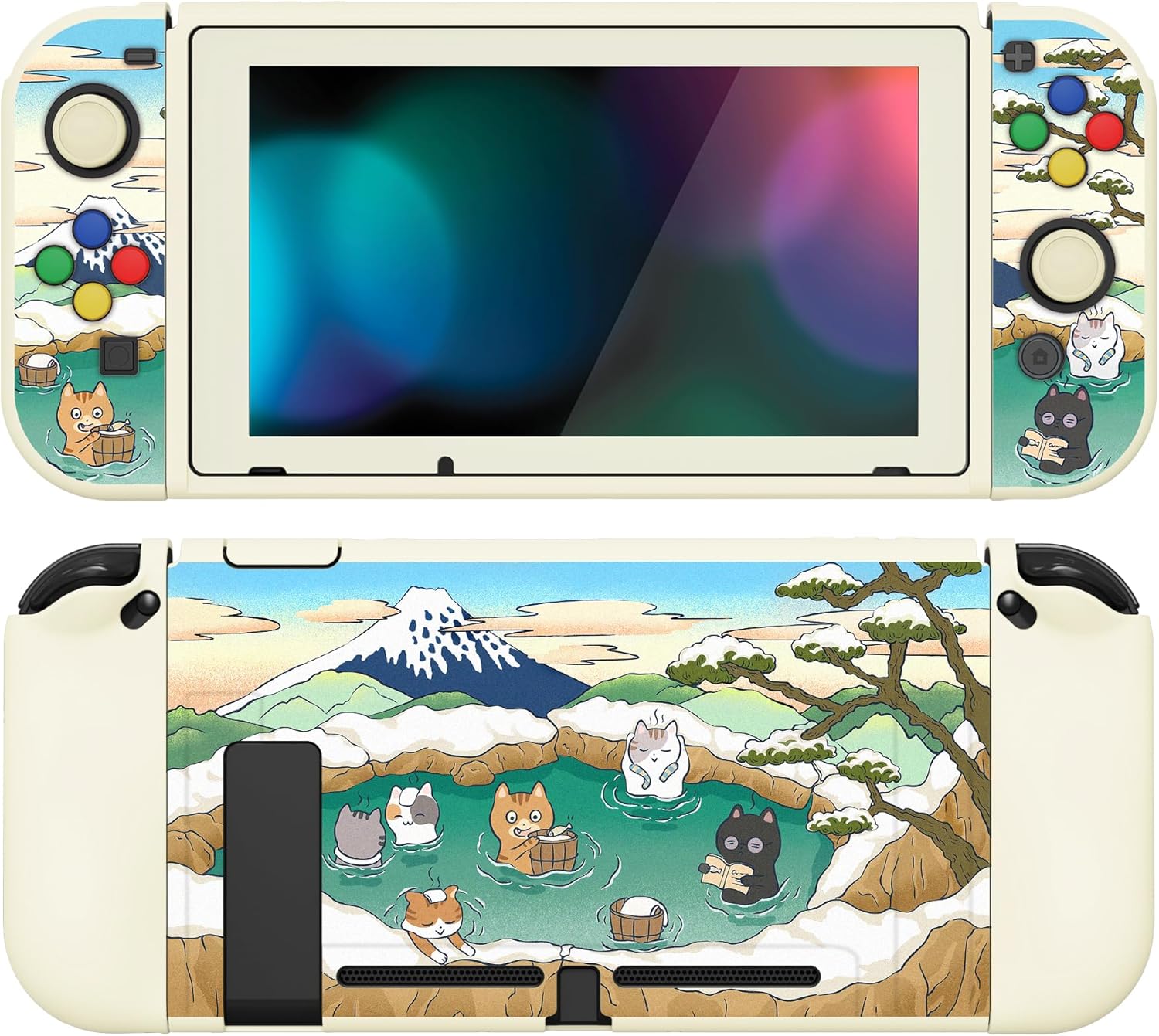 Detalle de PlayVital ZealProtect Soft Protective Case for Nintendo Switch (Hot Spring Kitties) – with tempered glass screen protector, thumb grips and ABXY caps