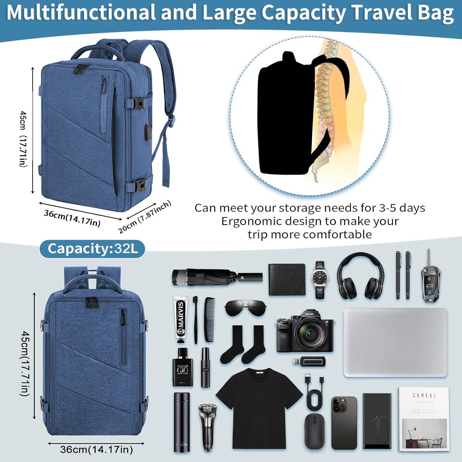 Thumbnail 1 de VOESLD Zaino Easyjet 45x36x20 Grigio Chiaro – Zaino da Cabina 32L Impermeabile con Porta USB