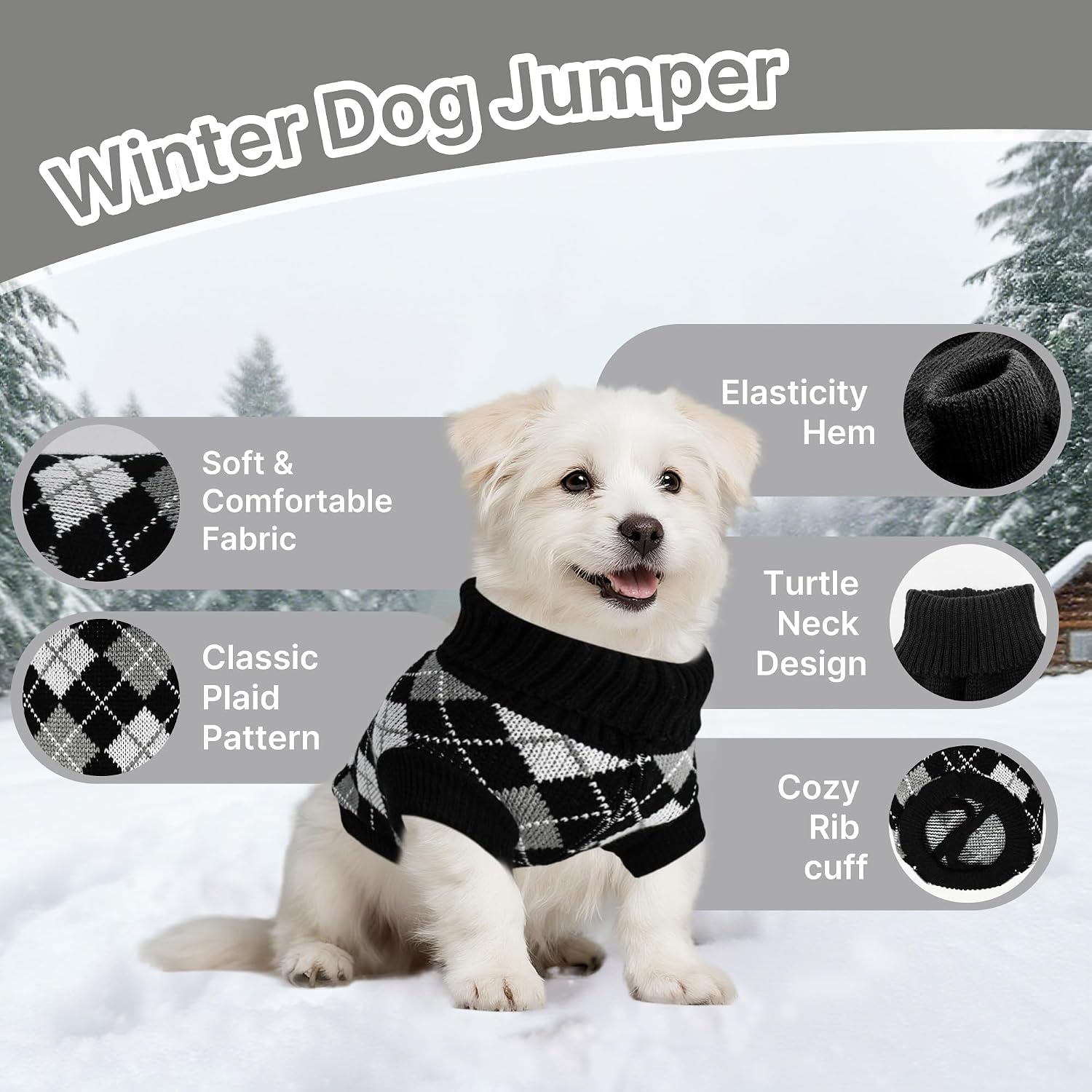 Thumbnail 1 de PawSailor knitted small dog jumper with plaid turtleneck – soft winter pullover for small dogs and cats