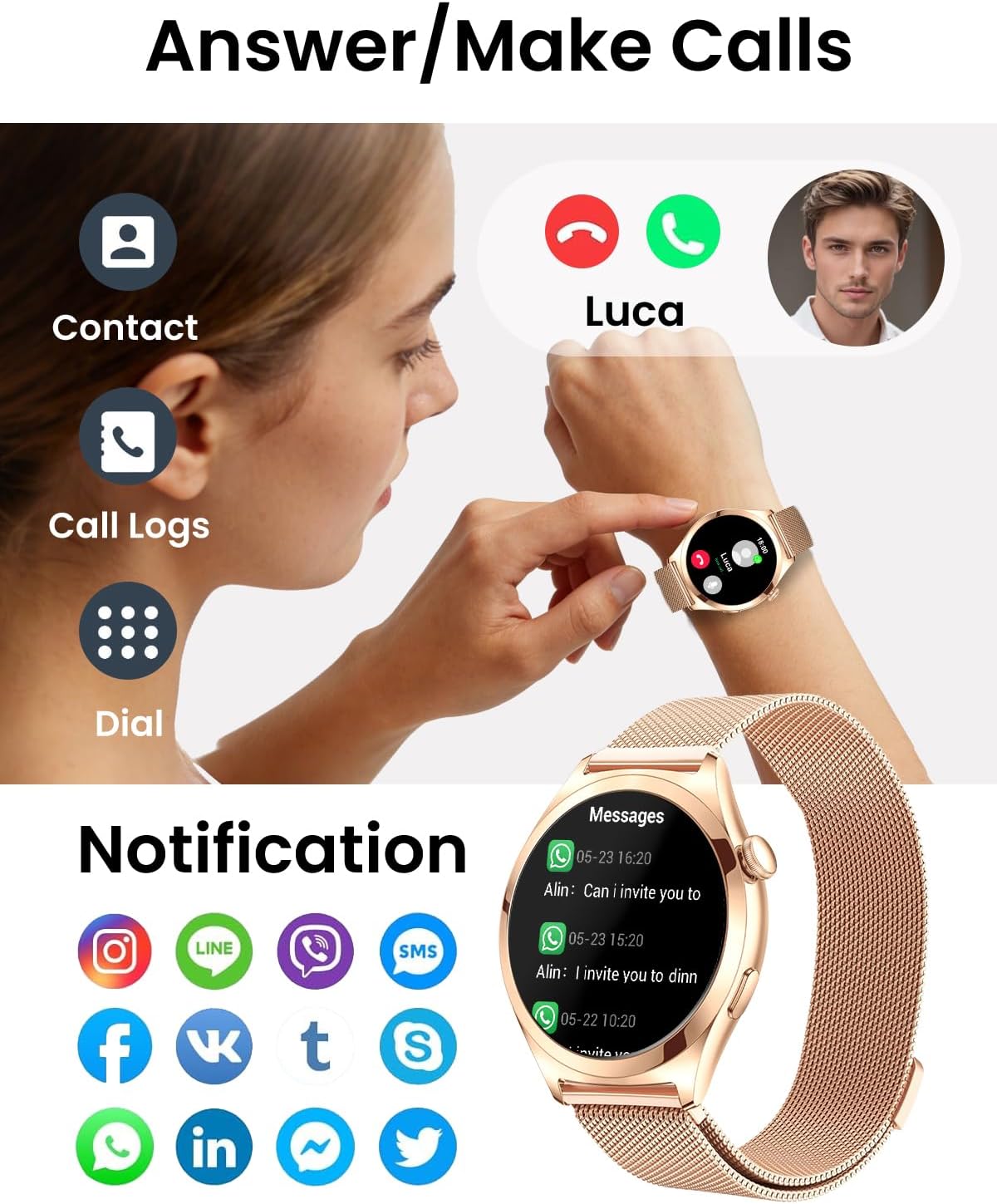 Detalle de Fitonme Smart Watches for Women (Rose Gold) with Bluetooth Calling, 1.27″ HD Curved Display