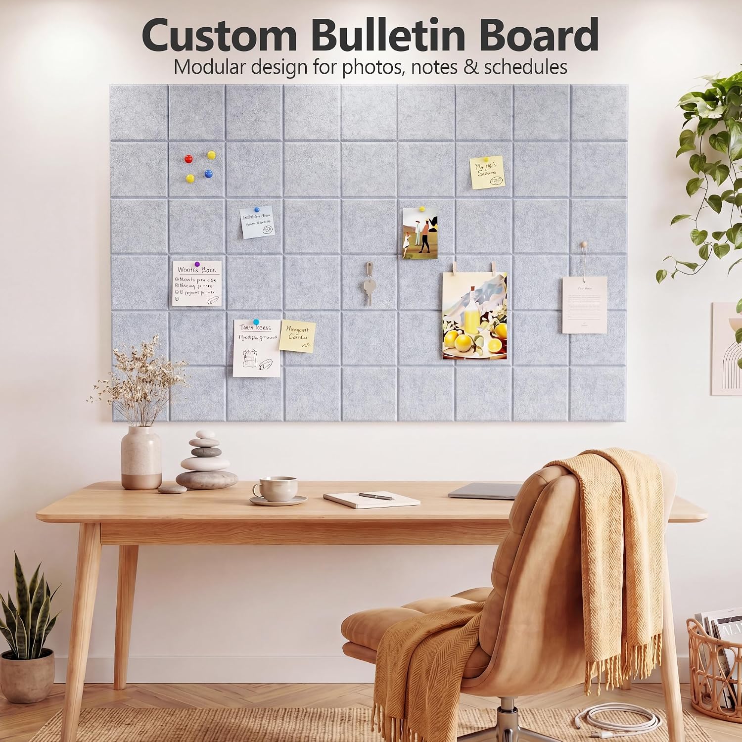 Detalle 2 de Uoisaiko Cork Wall Board 30 x 30 cm with 6 Adhesive Felt Panels and 30 Push Pins (Light Grey)