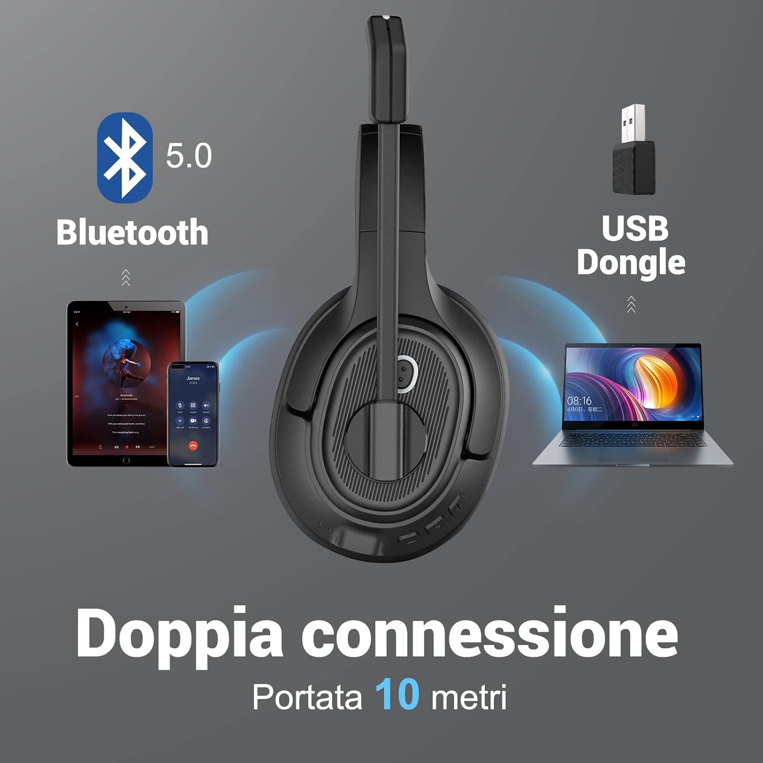 Thumbnail 2 de EKSA Cuffie Bluetooth con microfono Adattatore USB