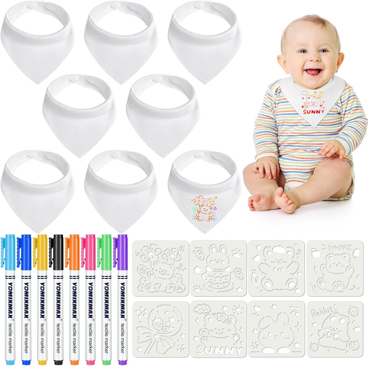 Detalle de Aolso Baby Bibs for Painting – 8 White Cotton Bibs with Pens & Templates (40 x 29 cm), Waterproof, Great for Messy Mealtimes and Creative Moments