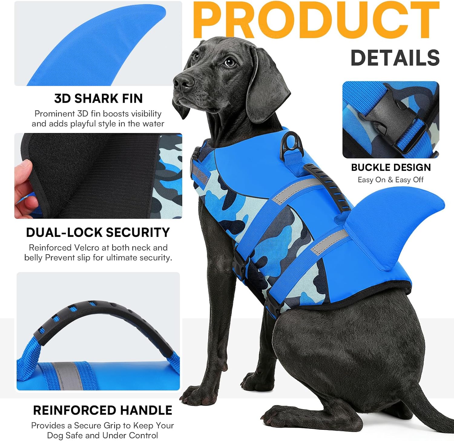 Detalle de Queenmore Dog Life Jacket (BlueCamo, M) – High Buoyancy Swimming Vest for Dogs