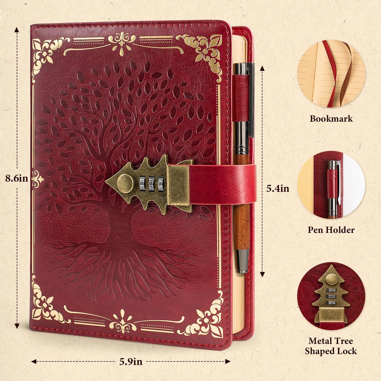 Thumbnail 2 de WEMATE Tagebuch mit Schloss und Geschenkbox – A5, 260 Seiten, Hardcover, Rot