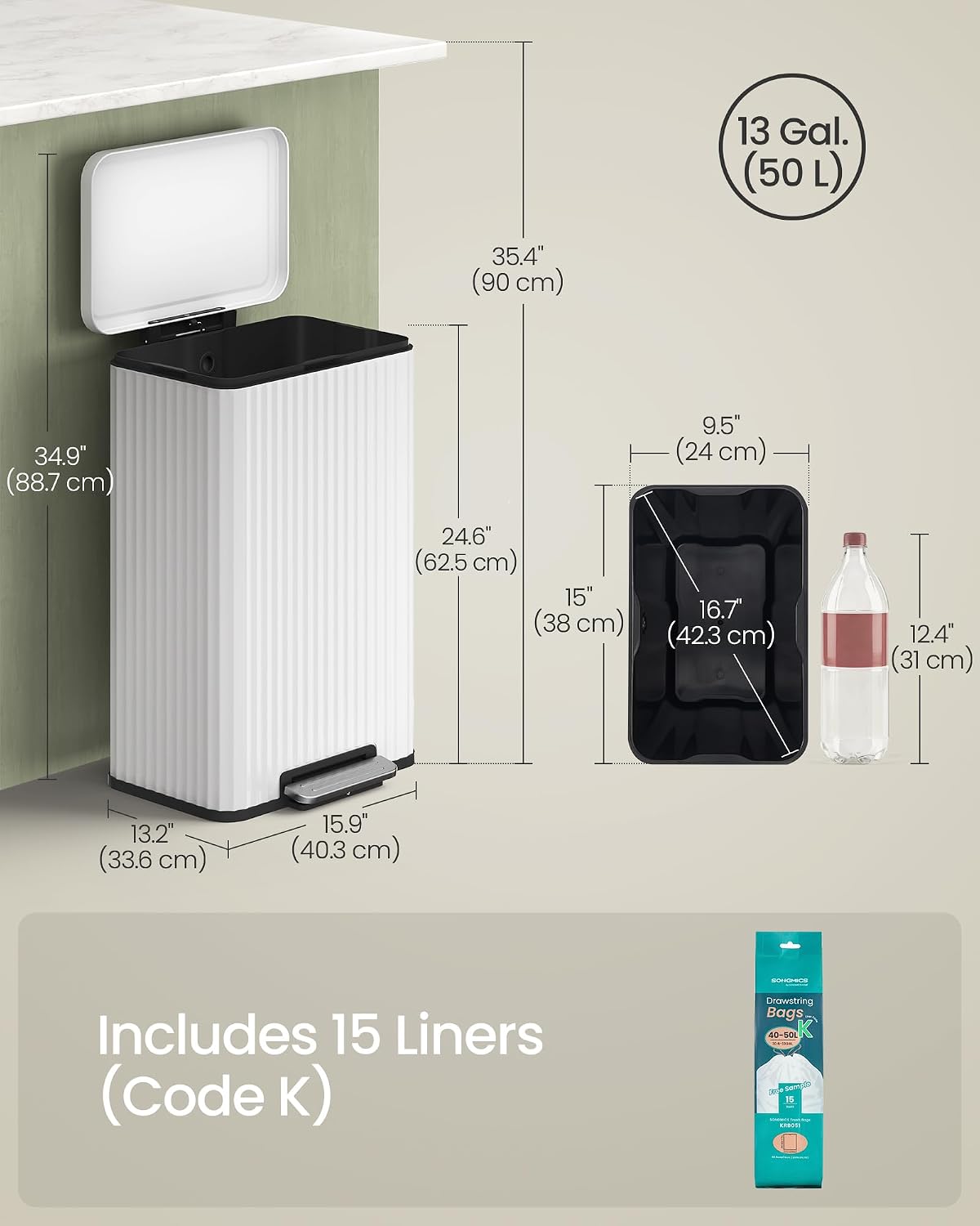 Thumbnail 6 de SONGMICS ULTB586WZ01 13-Gallon Stainless Steel Kitchen Trash Can, Cloud White