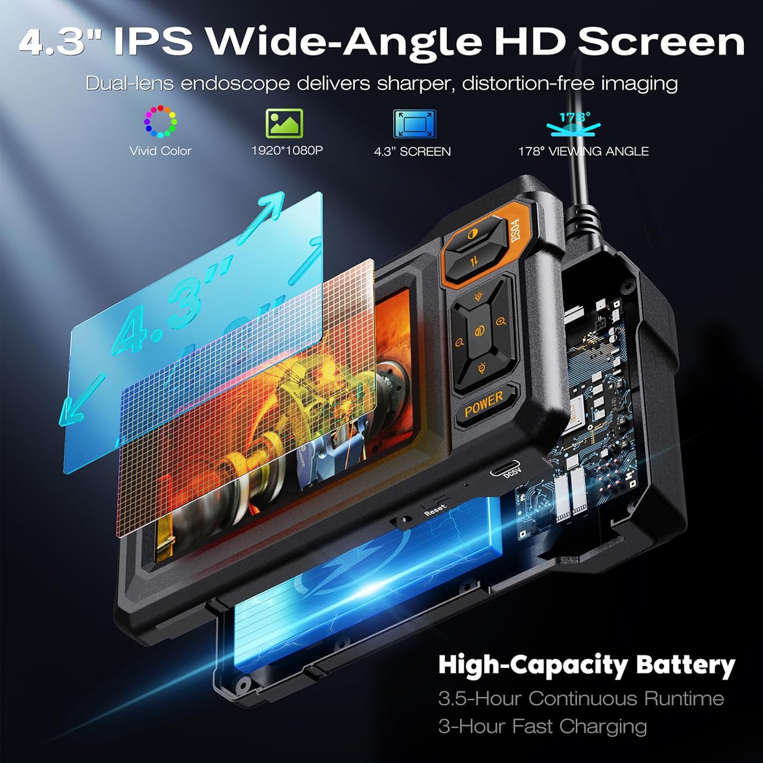 Thumbnail 1 de Endoscope Inspection Camera Dual Lens with 4.3" IPS Screen – 1080P Borescope, 5m Cable, IP67
