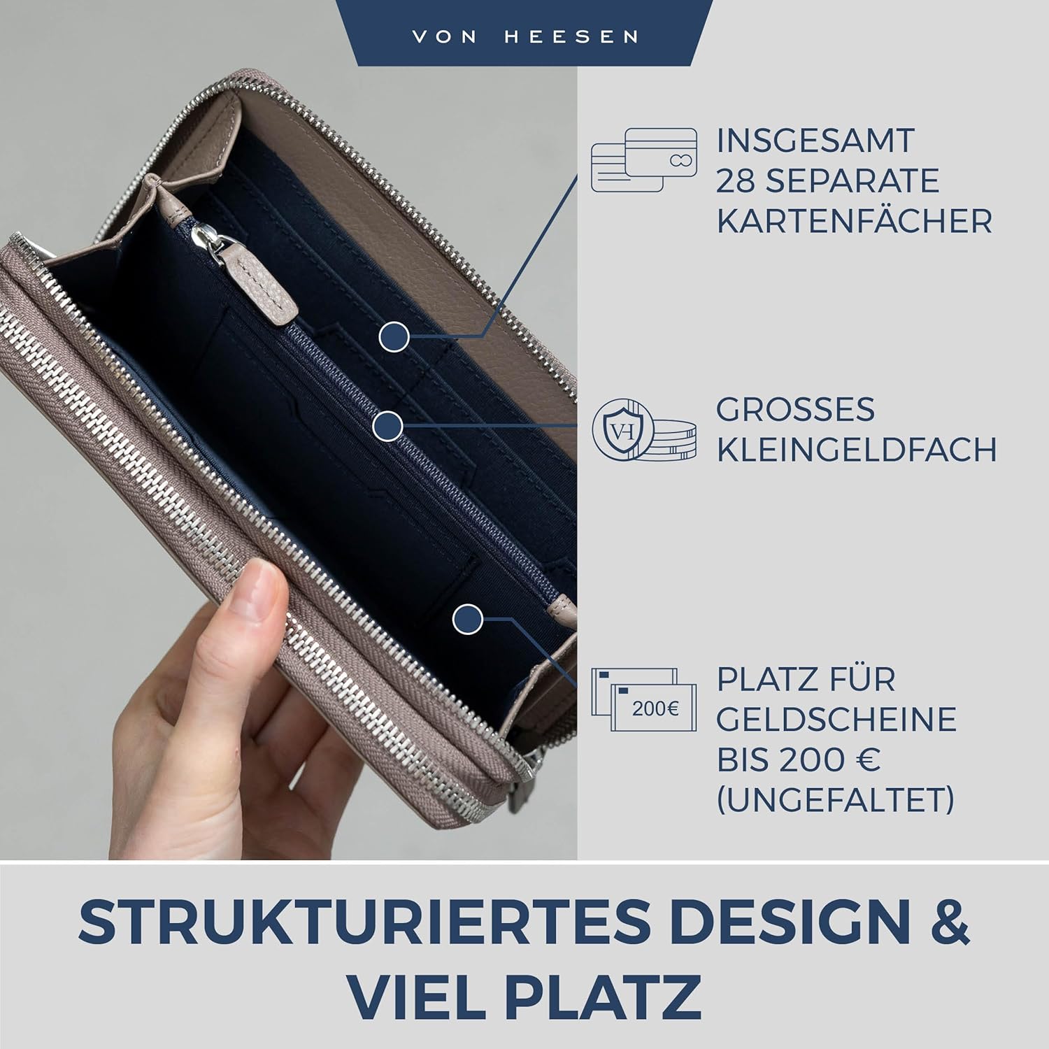 Thumbnail 1 de VON HEESEN Leder Geldbörse mit RFID-Schutz – Portemonnaie aus echtem Nappaleder mit Münzfach in Taupe