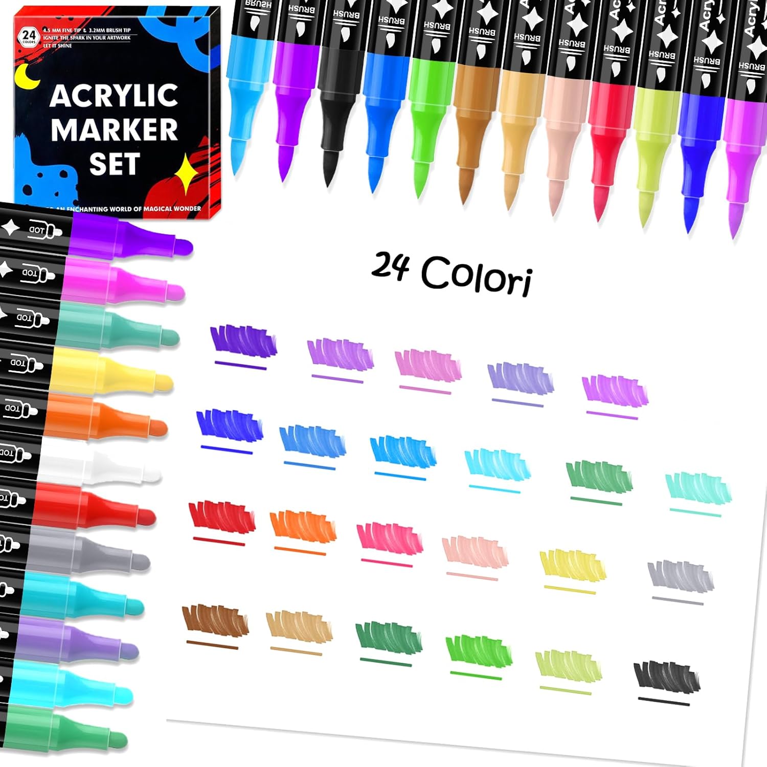 Thumbnail 1 de Dictien 24 Colori Pennarelli Acrilici Doppia Punta | Set Doppia Punta 3 mm + Pennello 1–5 mm perSuperficie Vetro, Pietra, Legno, Tessuti