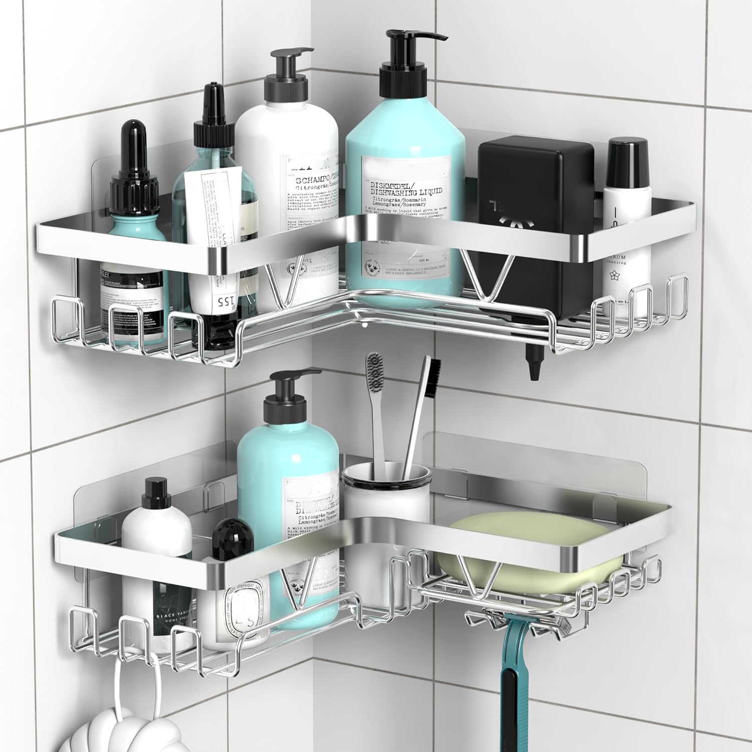 Thumbnail 6 de KEGII Telescopic Corner Shower Caddy (Stainless Steel) with Soap Holder, Hooks and No-Drill Tension Rod Shelf
