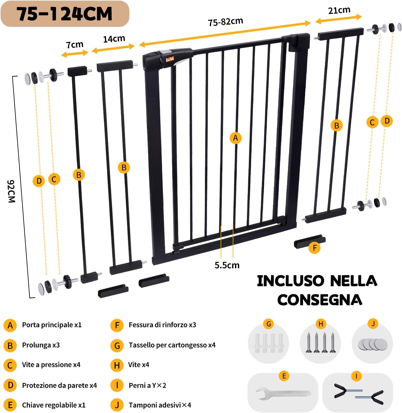 Thumbnail 3 de LAOYE cancelletto per bambini 92 cm regolabile 75–124 cm 🚪